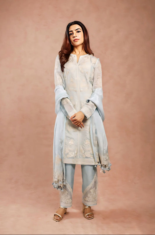 Samantha Ruth Prabhu Inspired Blue Dori Embroidered Silk Organza Kurta Set | Pushkar Samrina Designer Outfit