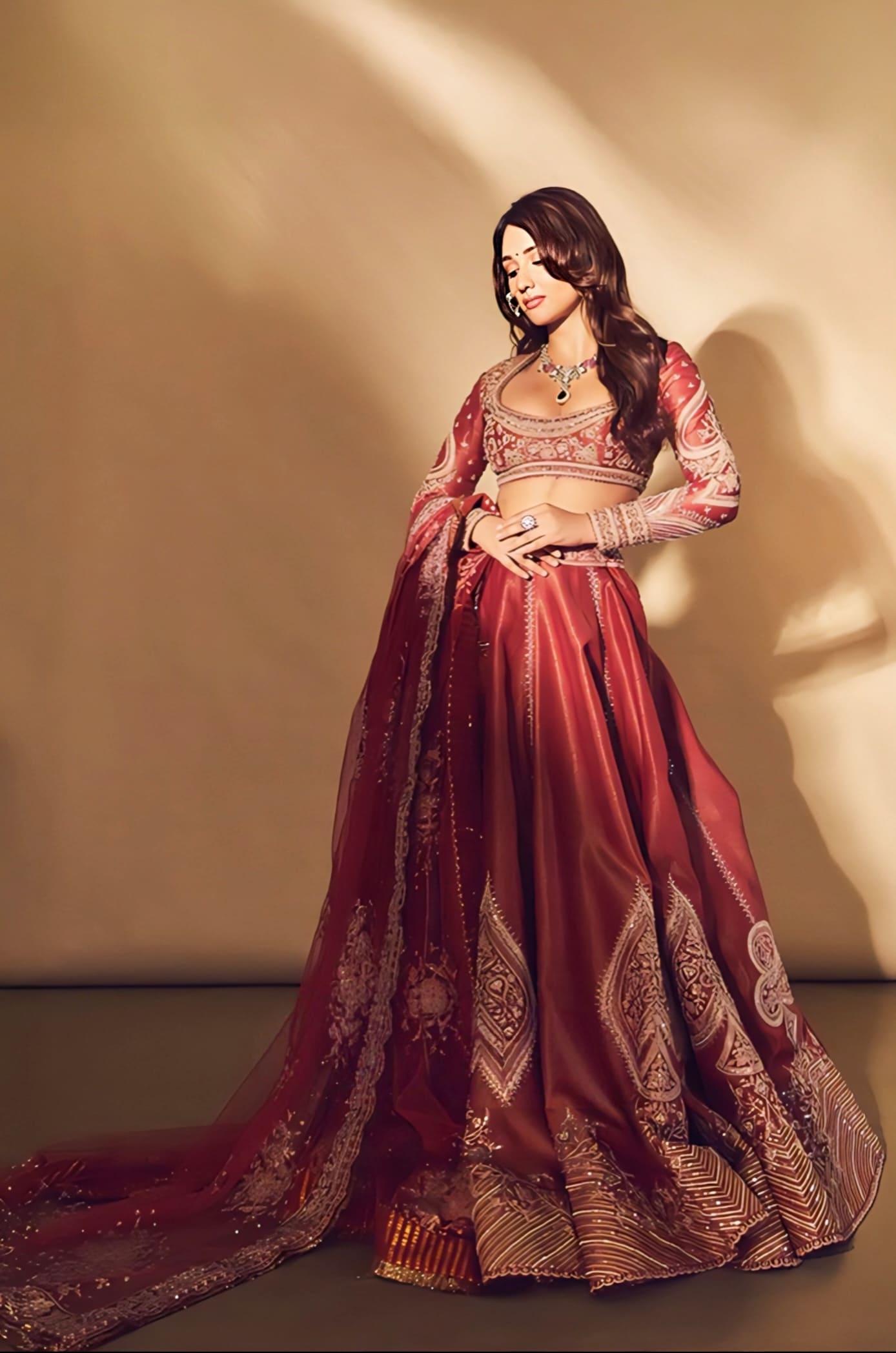 Rustic Orange Embroidered Tissue Lehenga Set with Net Dupatta