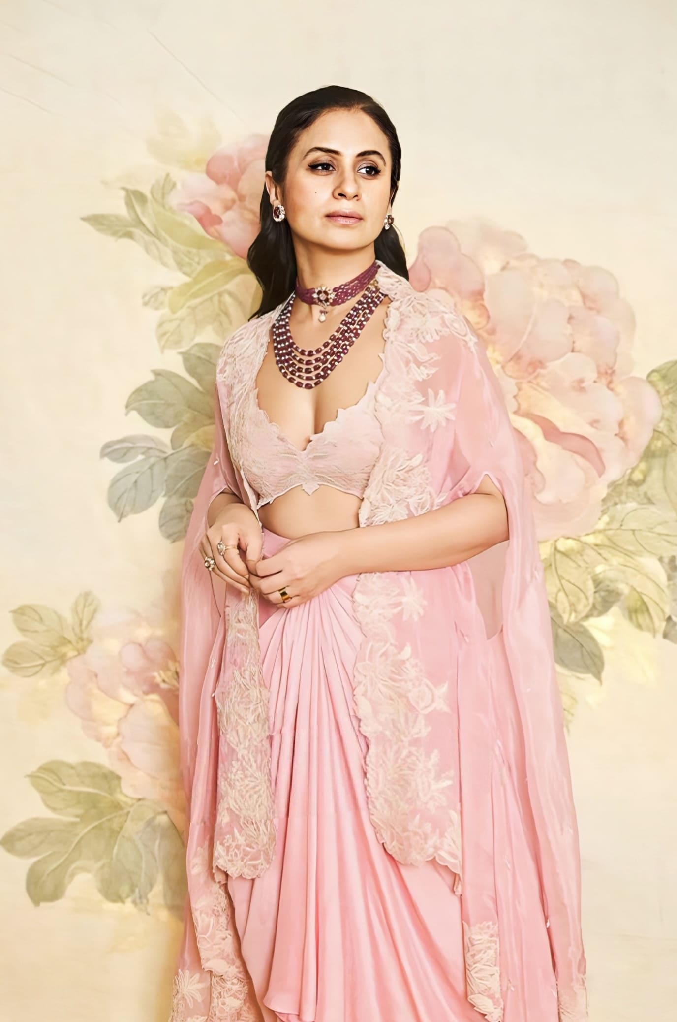 Rasika Dugal Inspired Pink Embroidered Cape Set with Skirt | Gulaban Zuri Designer Couture Outfit