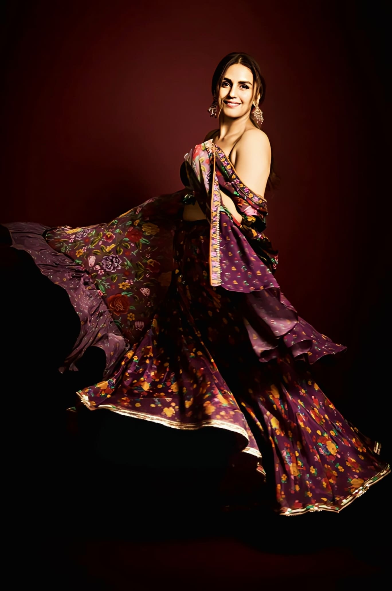 Huma Qureshi Inspired Purple Digital Print Cape & Sharara Set | Dil Kusha Anamari Designer Outfit