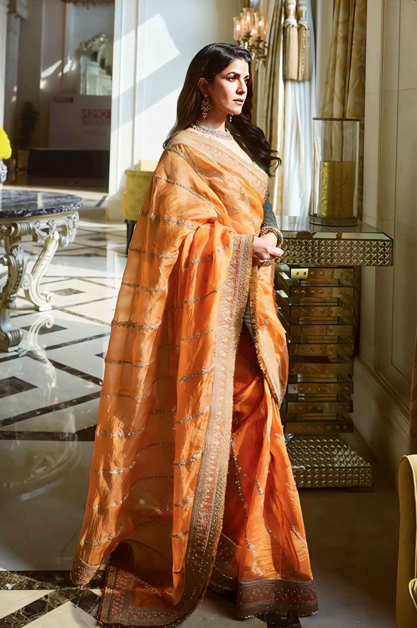 Nimrat Kaur Inspired Orange & Blue Embroidered Organza Saree Set | Pukhraj Ramani Designer Outfit