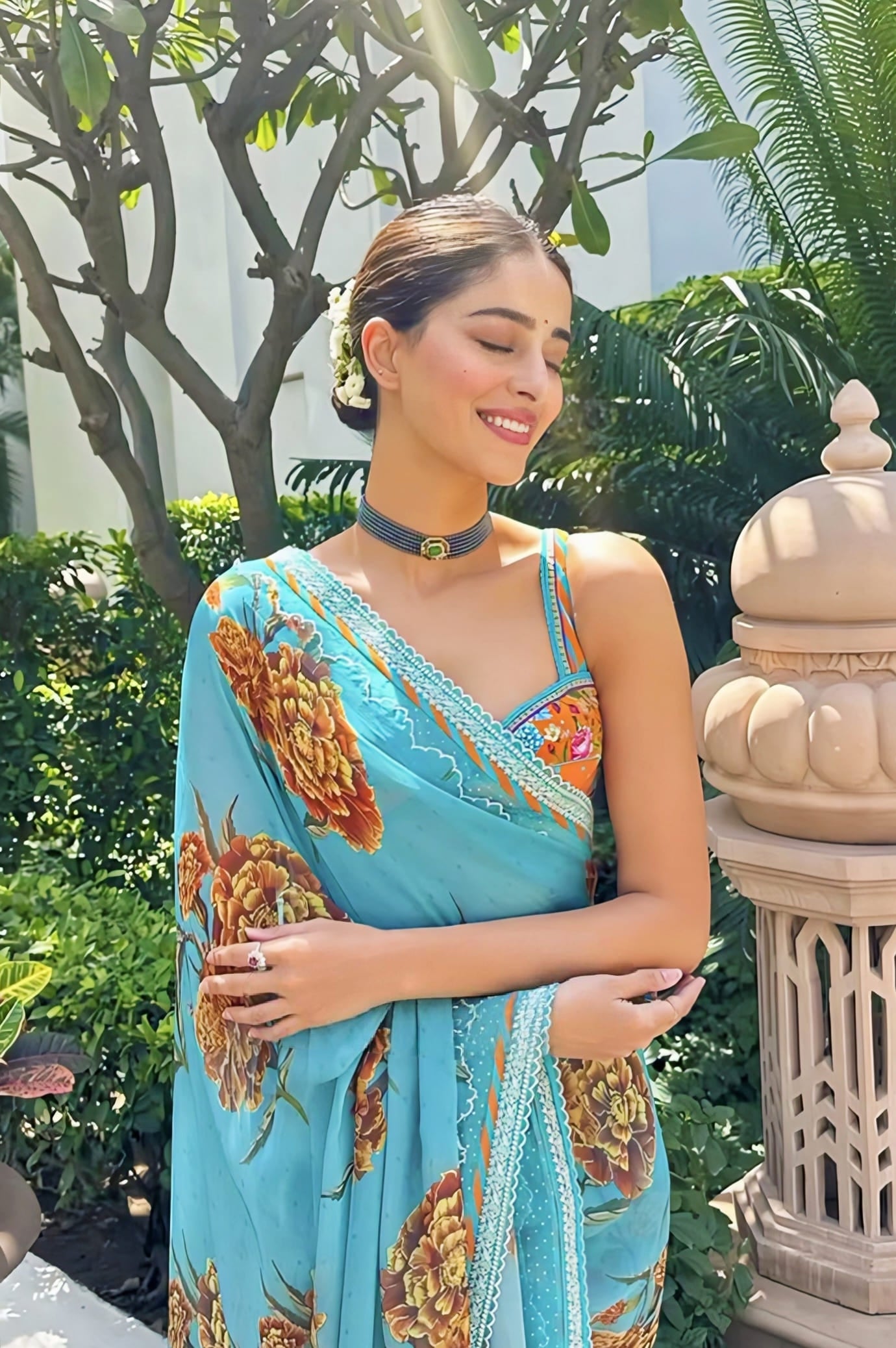 Ananya Panday Inspired Blue & Orange Digital Print Organza Saree Set | Firoza Raasika Designer Outfit