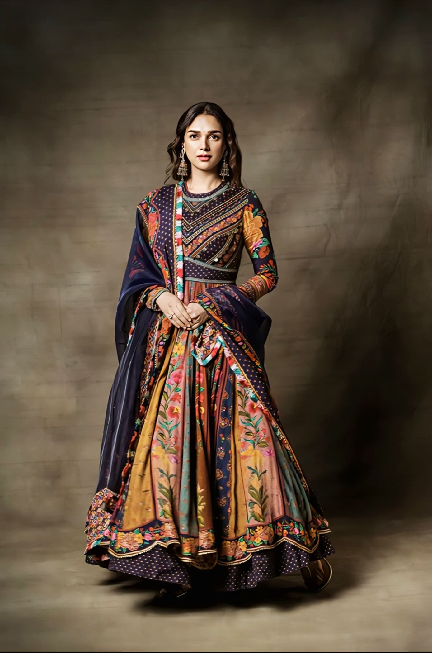 Aditi Rao Hydari Inspired Blue Multicolour Digital Print Silk Anarkali Set | Dil Rang Zareen Designer Outfit