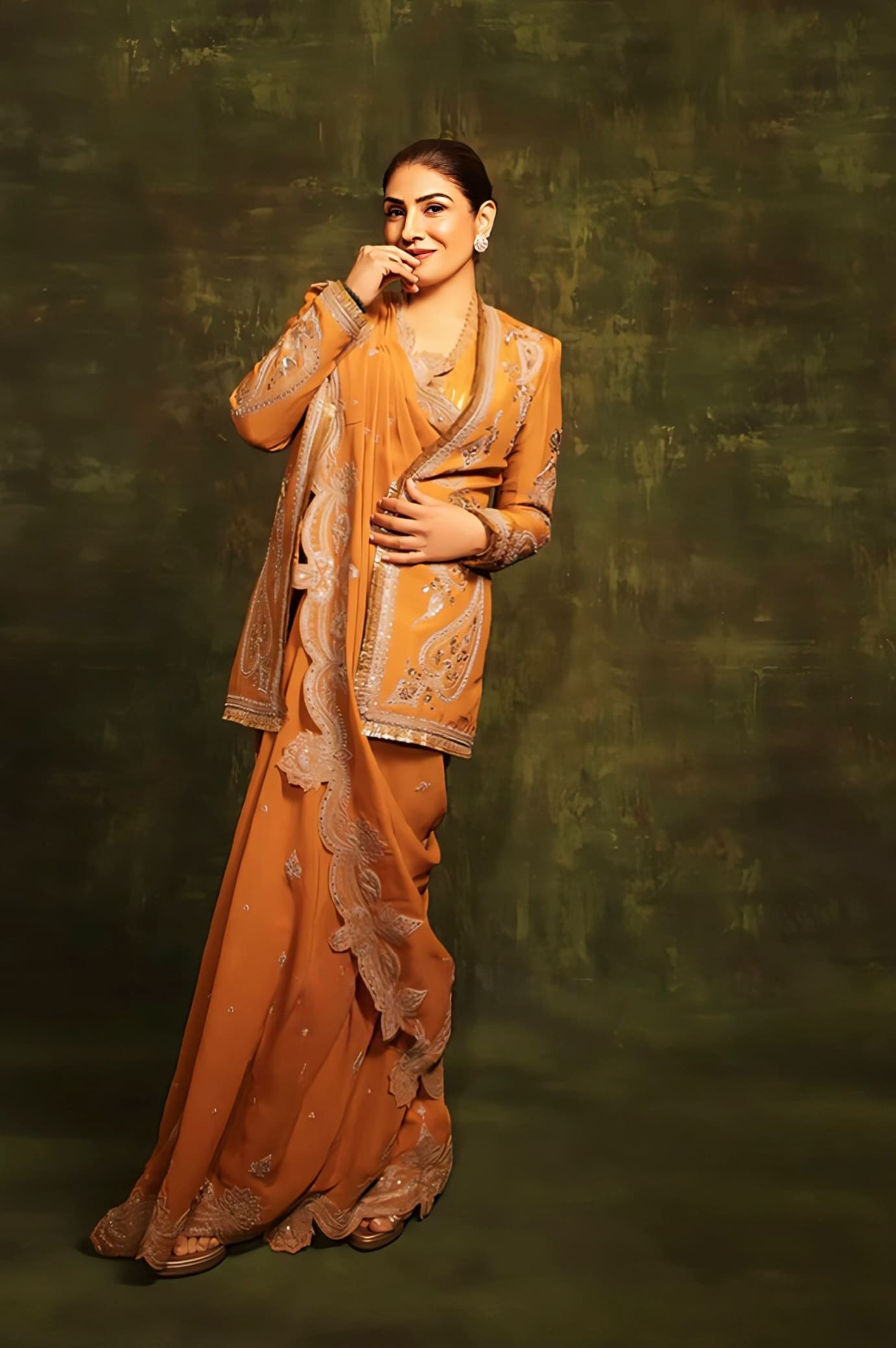 Raveena Tandon in Mehre Parthi Jacket Saree Set – Yellow Ochre Hand Embroidered Designer Saree with Silk Jacket