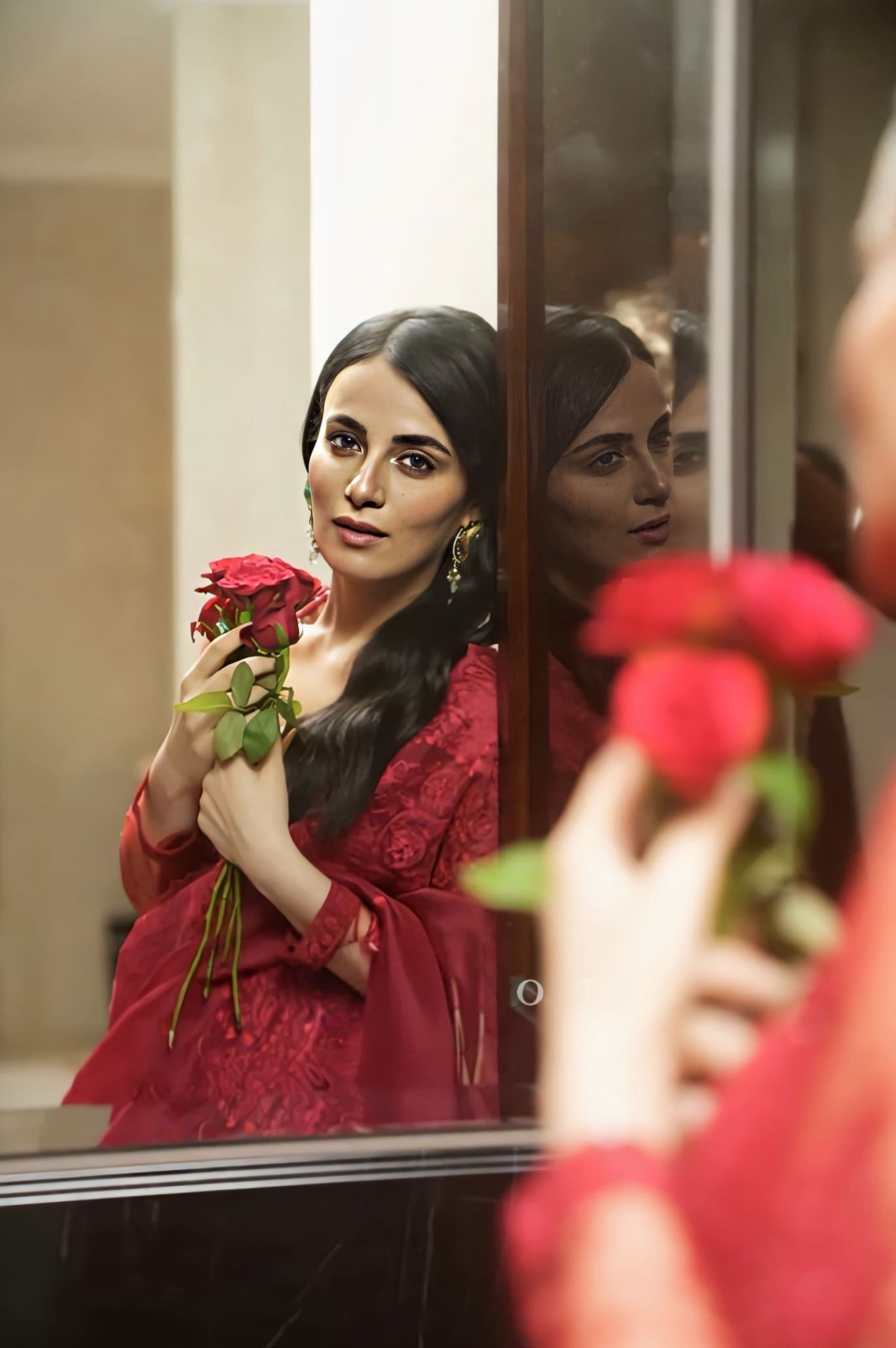 Radhika Madan in Surkh Farrin Saree Set – Red Silk Organza Embroidered Designer Saree with Sequin Work