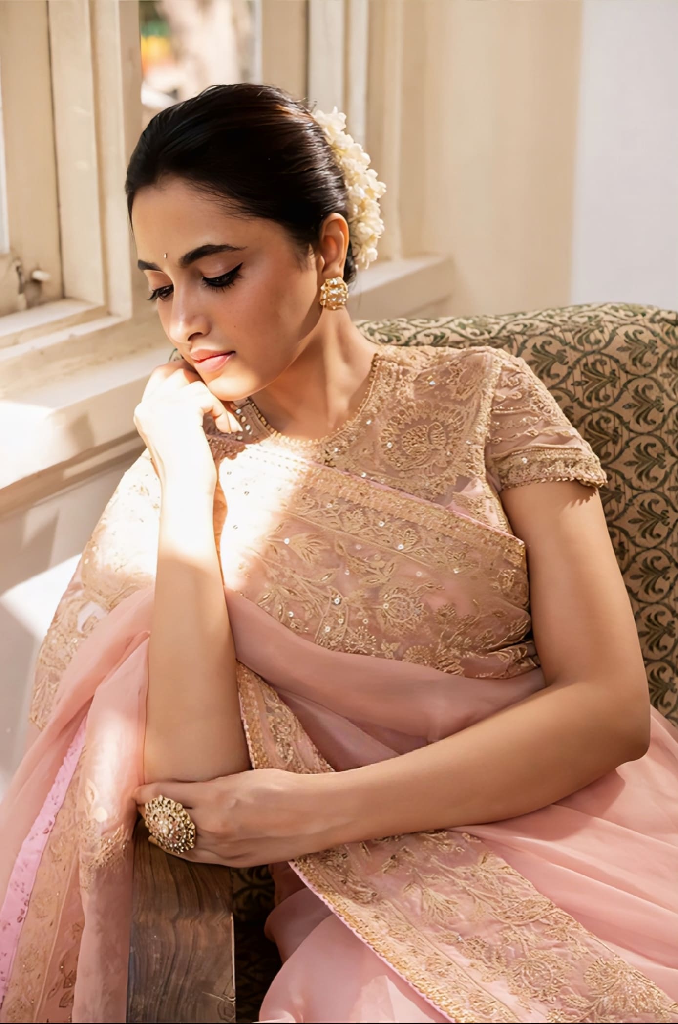 Priyanka Mohan in Gul-Mohar Yashoda Saree Set – Pink Silk Organza & Handwoven Chanderi Embroidered Designer Saree
