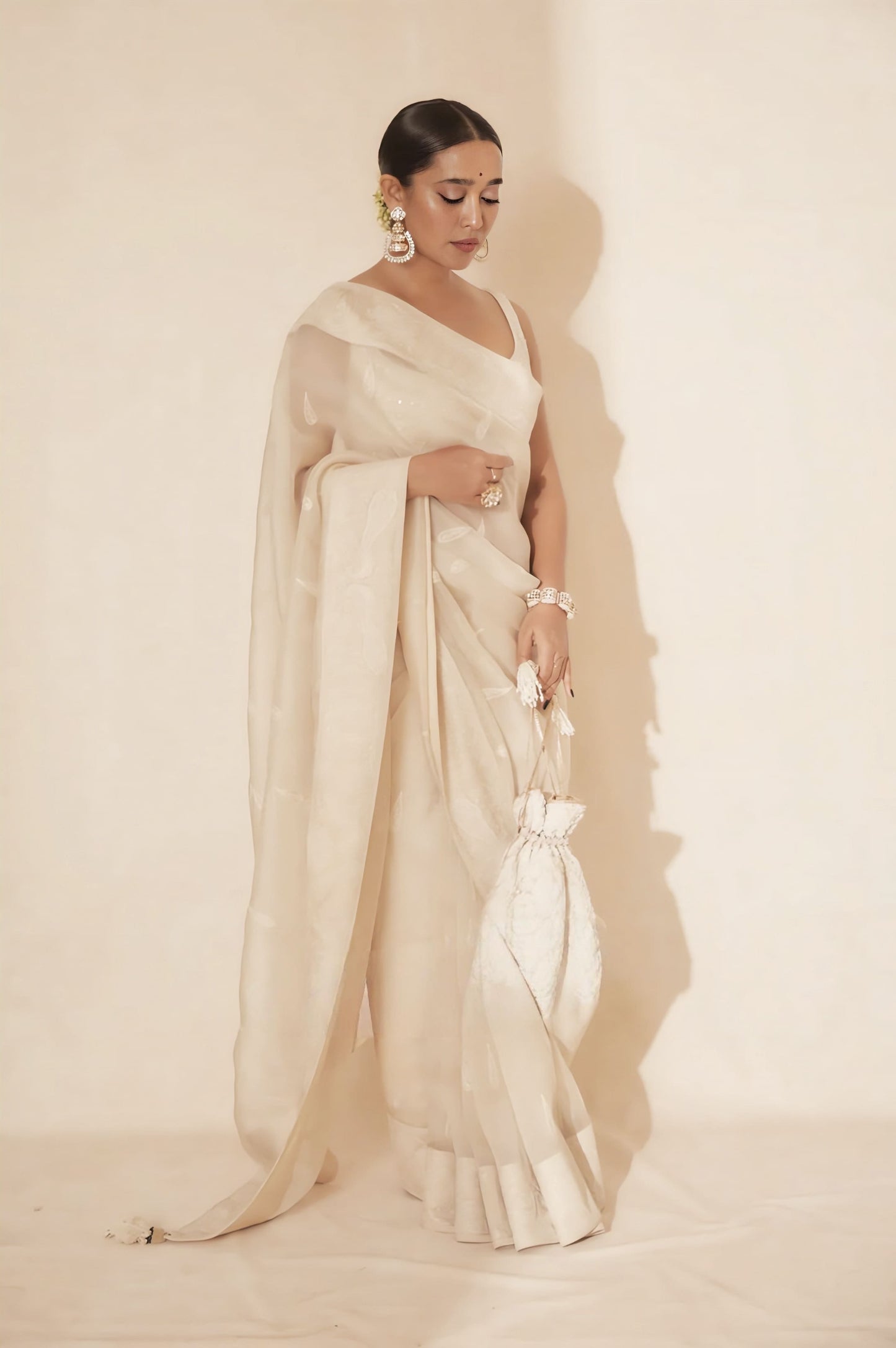 Sayani Gupta in Mogra Roonhi Saree Set – Ivory Organza Embroidered Designer Saree