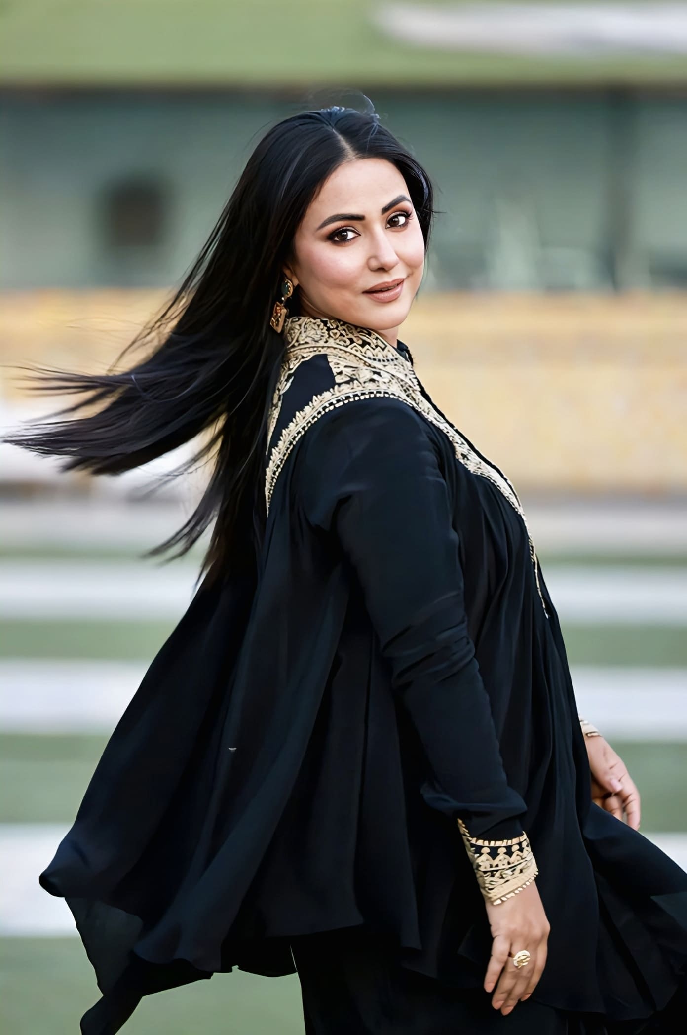 Hina Khan in Gul-Saroja Co-ord Set – Black Silk Crepe Embroidered Designer Dhoti Set