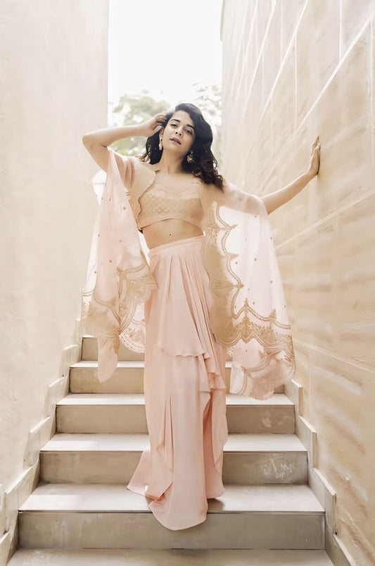 Mithila Palkar in Gul-Mohar Zuri Cape Set – Pink Silk Organza Embroidered Designer Dhoti Set