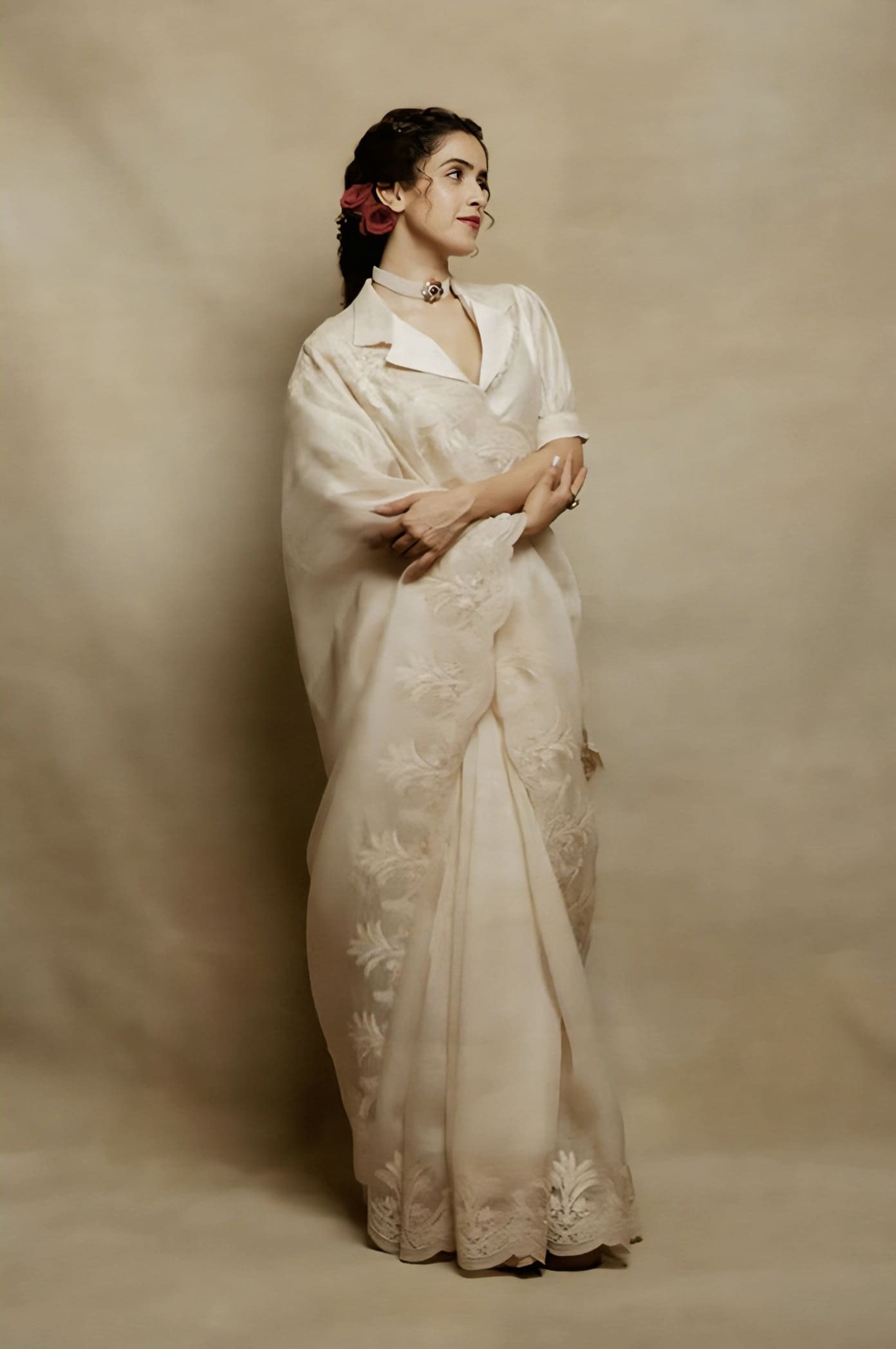 Sanya Malhotra in Mradu Afrah Saree Set – Beige Organza Embroidered Designer Saree