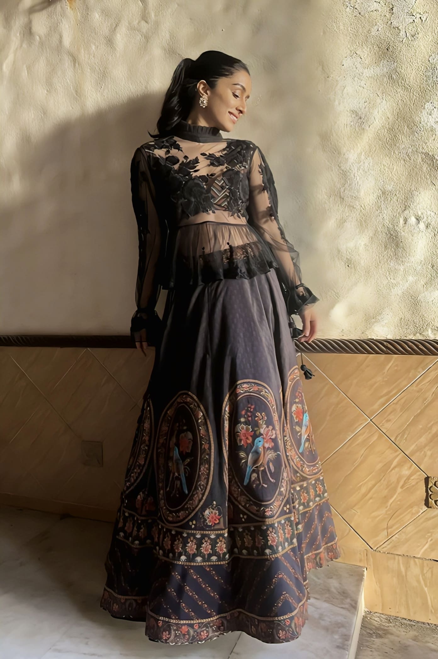 Shraddha Kapoor in Gulghast Poulami Lehenga Set – Black Handwoven Chanderi Embroidered Designer Lehenga