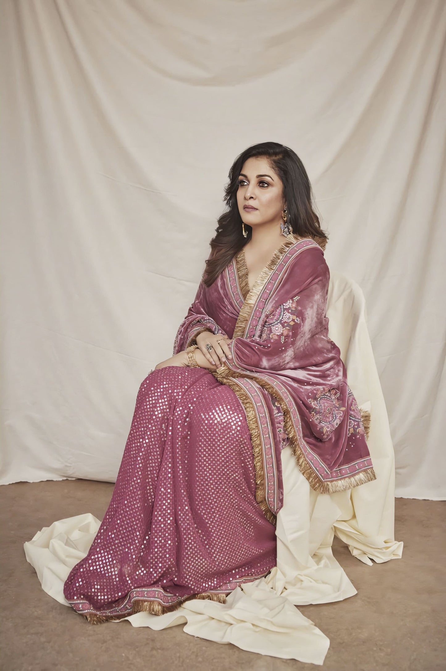 Ramya Krishnan in Manika Agahni Ikjot Saree Set – Pink Velvet Silk Embroidered Designer Saree