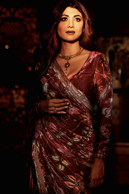 Shilpa Shetty Kundra in Gudhal Makhmal Pallu Sheesha Revathi Saree Set – Red Velvet Organza Embroidered Designer Saree