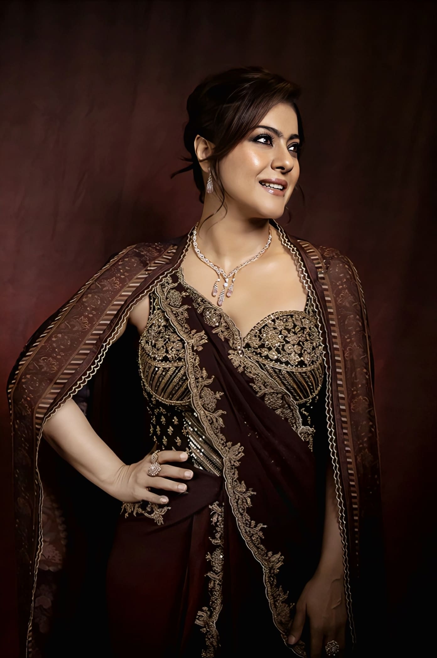 Kajol Devgan in Farishti Zareen Pre-Draped Saree Set – Maroon Georgette Embroidered Designer Saree with Jacket