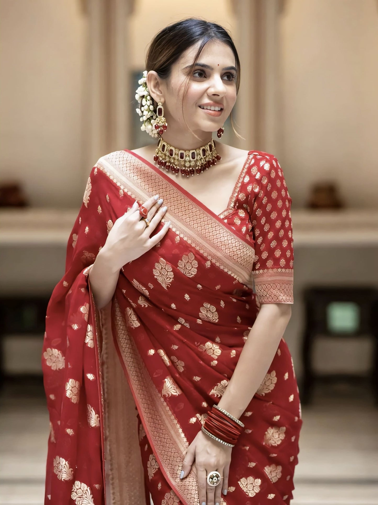 Ideal Red Soft Banarasi Silk Saree with Jacquard Weave & Blouse Piece