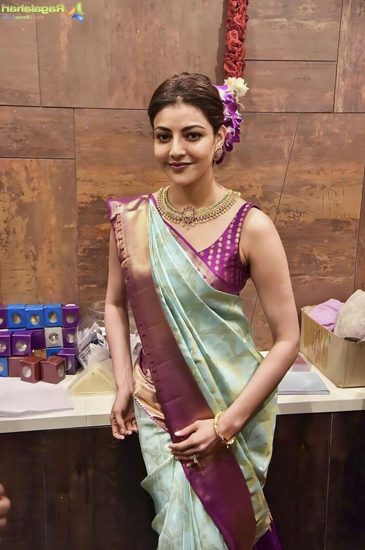 Tremendous Sky Blue Soft Banarasi Silk Saree with Jacquard Weave & Contrast Wine Blouse Piece