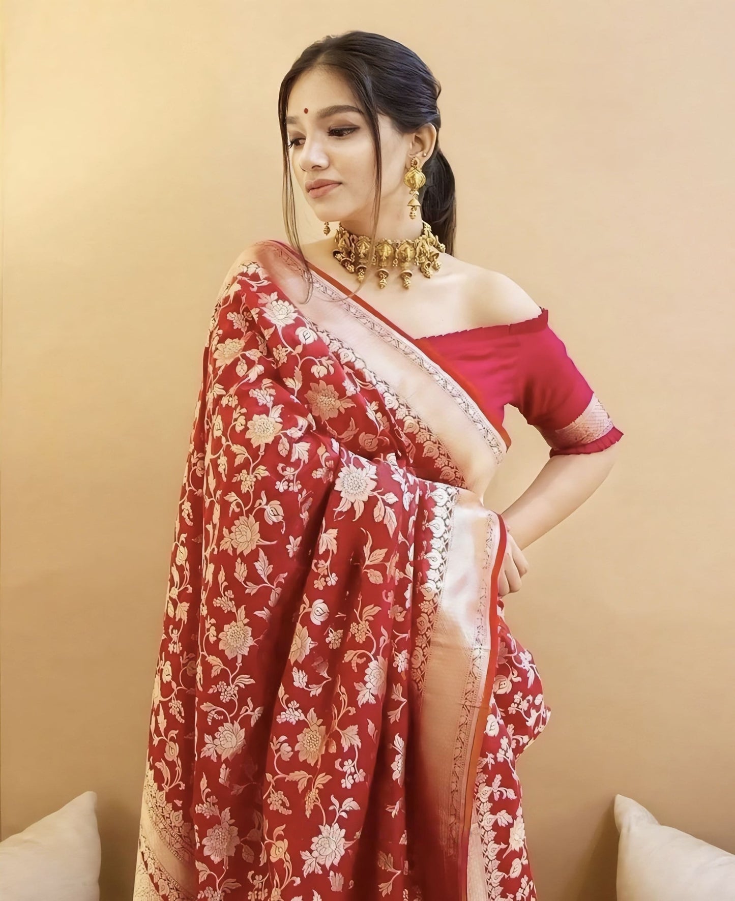 Red Soft Banarasi Silk Saree with Jacquard Weave & Matching Blouse Piece