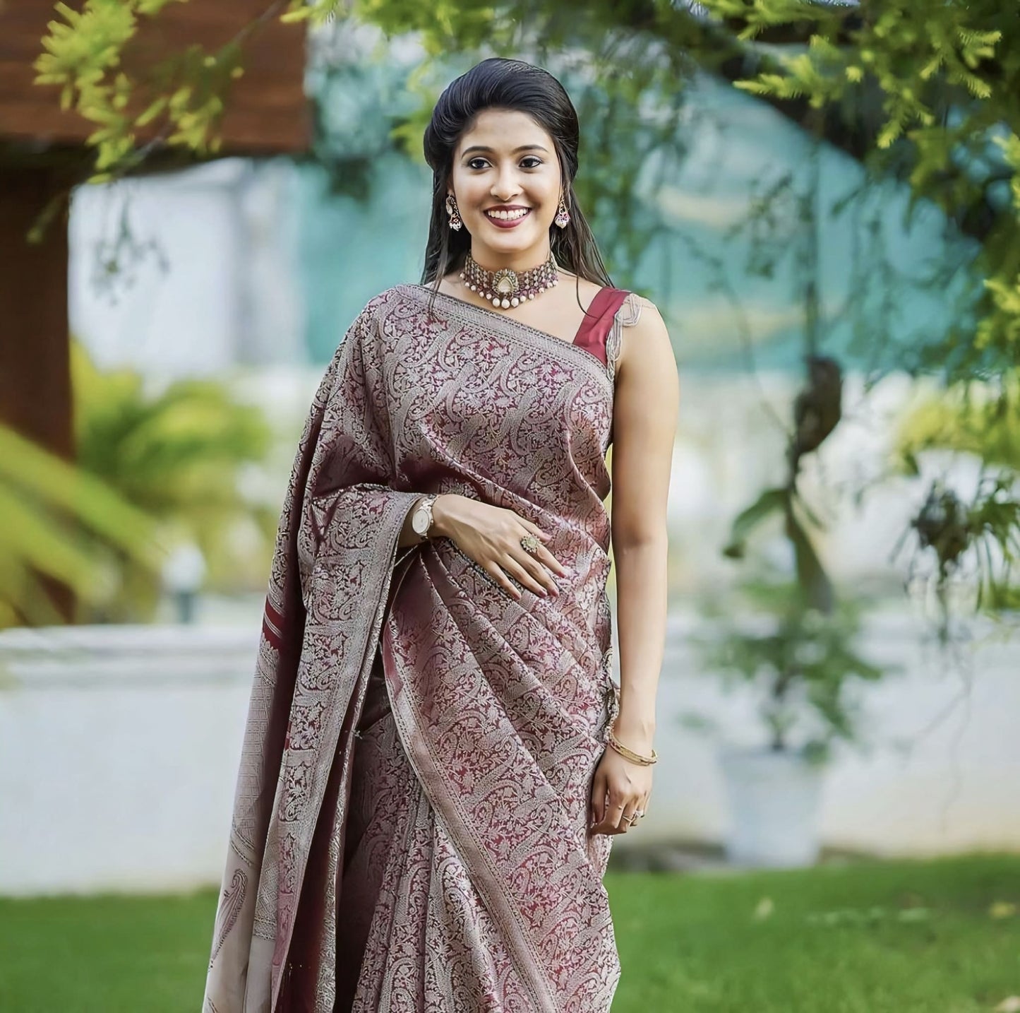 Wine Soft Banarasi Silk Saree with Jacquard Weave & Matching Blouse Piece