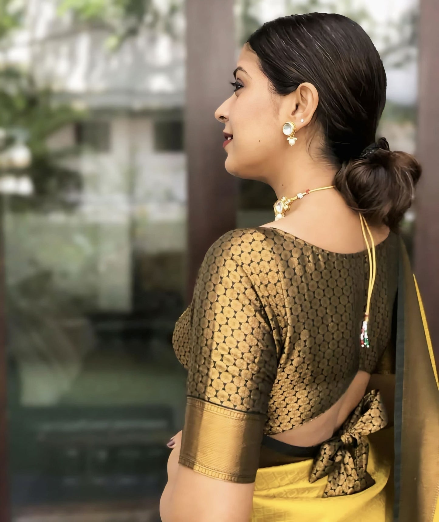 Yellow Soft Banarasi Silk Saree with Jacquard Weave & Contrast Black Blouse Piece