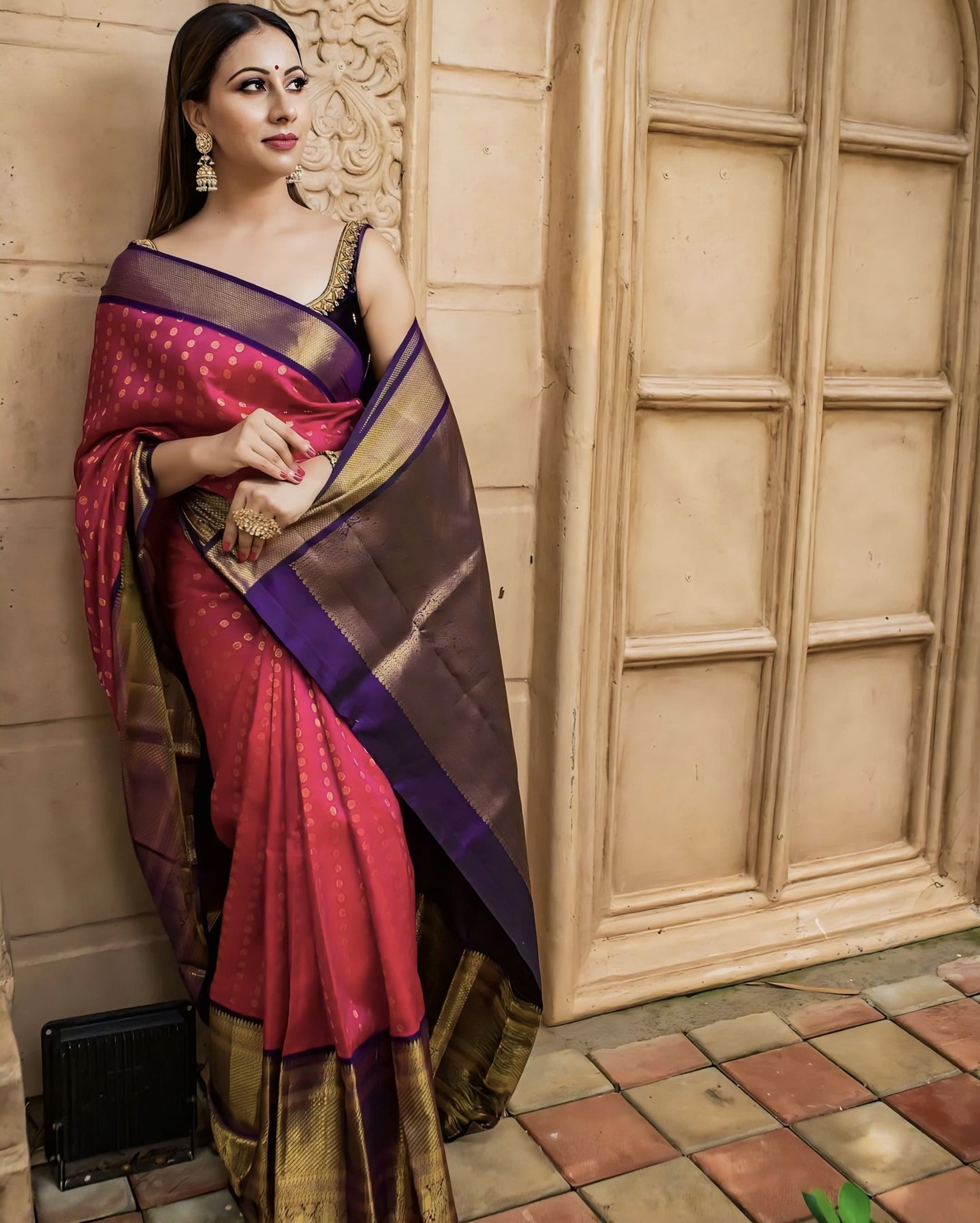 Dark Pink Soft Banarasi Silk Saree with Jacquard Weave & Contrast Blue Blouse Piece