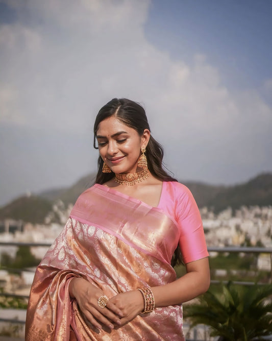 Pink Soft Banarasi Silk Saree with Jacquard Weave & Matching Blouse Piece