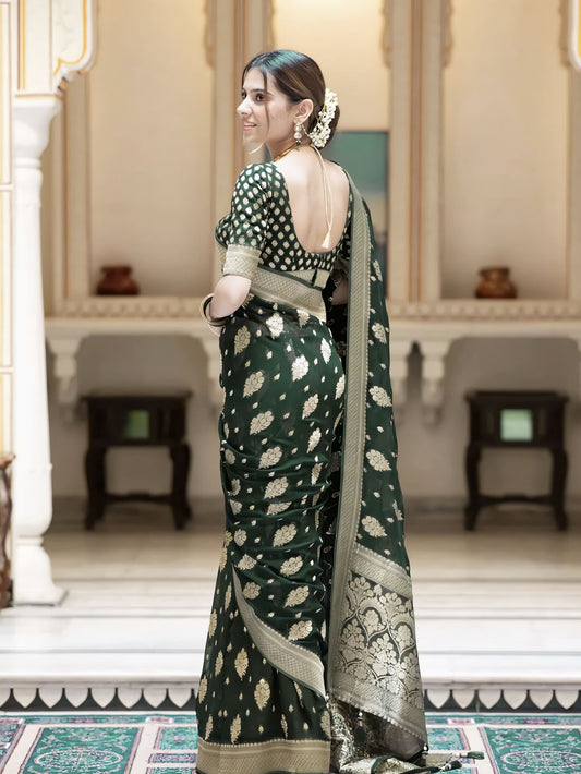 Dark Green Soft Banarasi Silk Saree with Jacquard Weave & Matching Blouse Piece