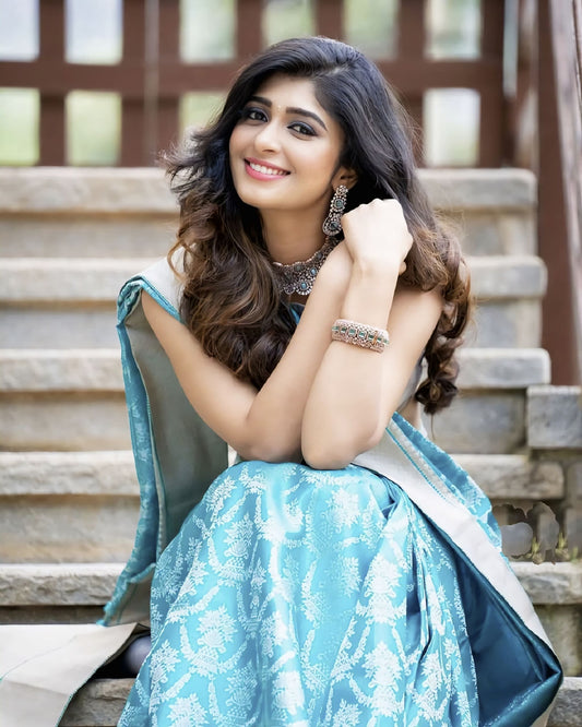 Firozi Blue (Turquoise) Soft Banarasi Silk Saree with Jacquard Weave & Matching Blouse Piece