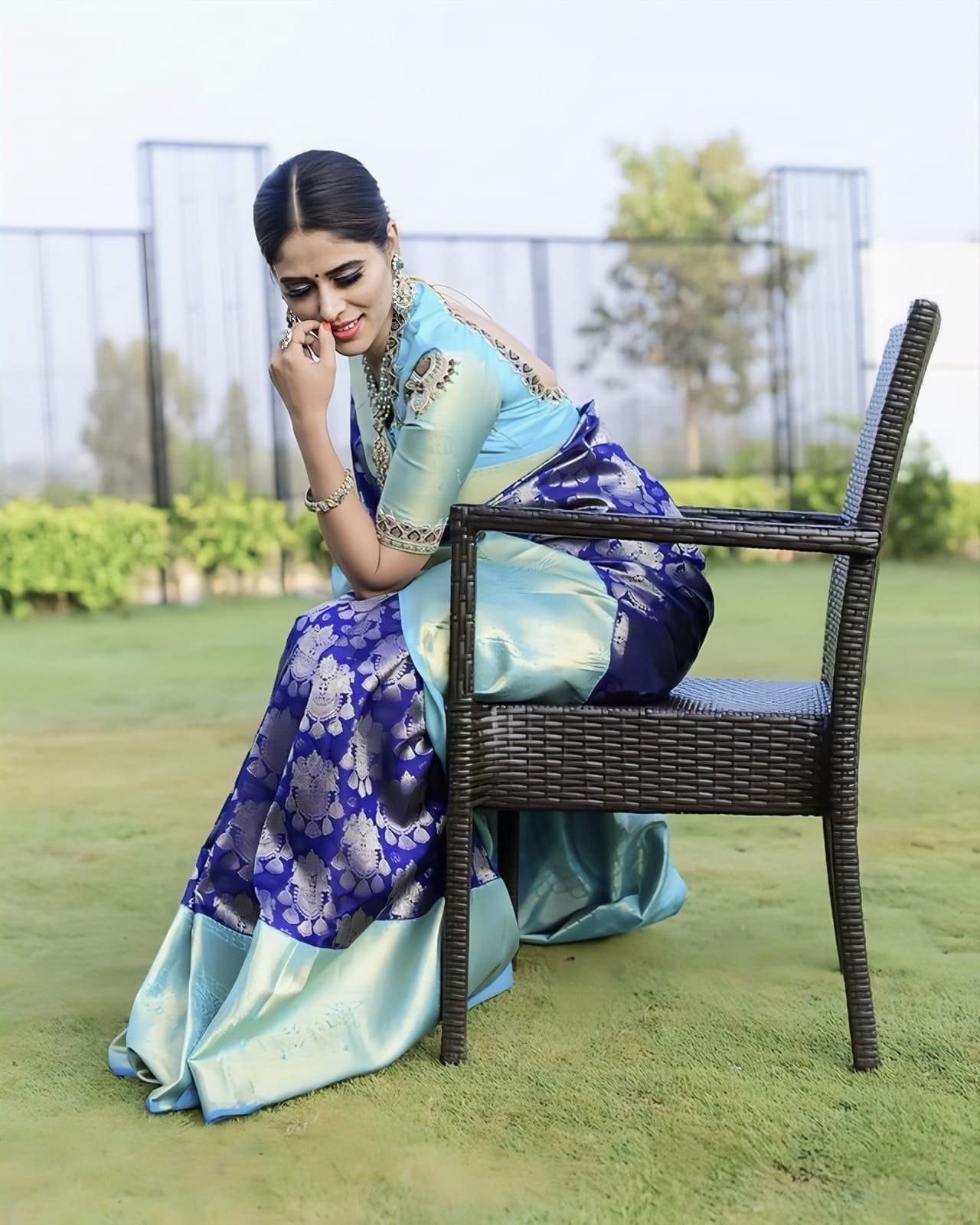 Blue Soft Banarasi Silk Saree with Jacquard Weave & Contrast Firozi (Turquoise) Blouse Piece