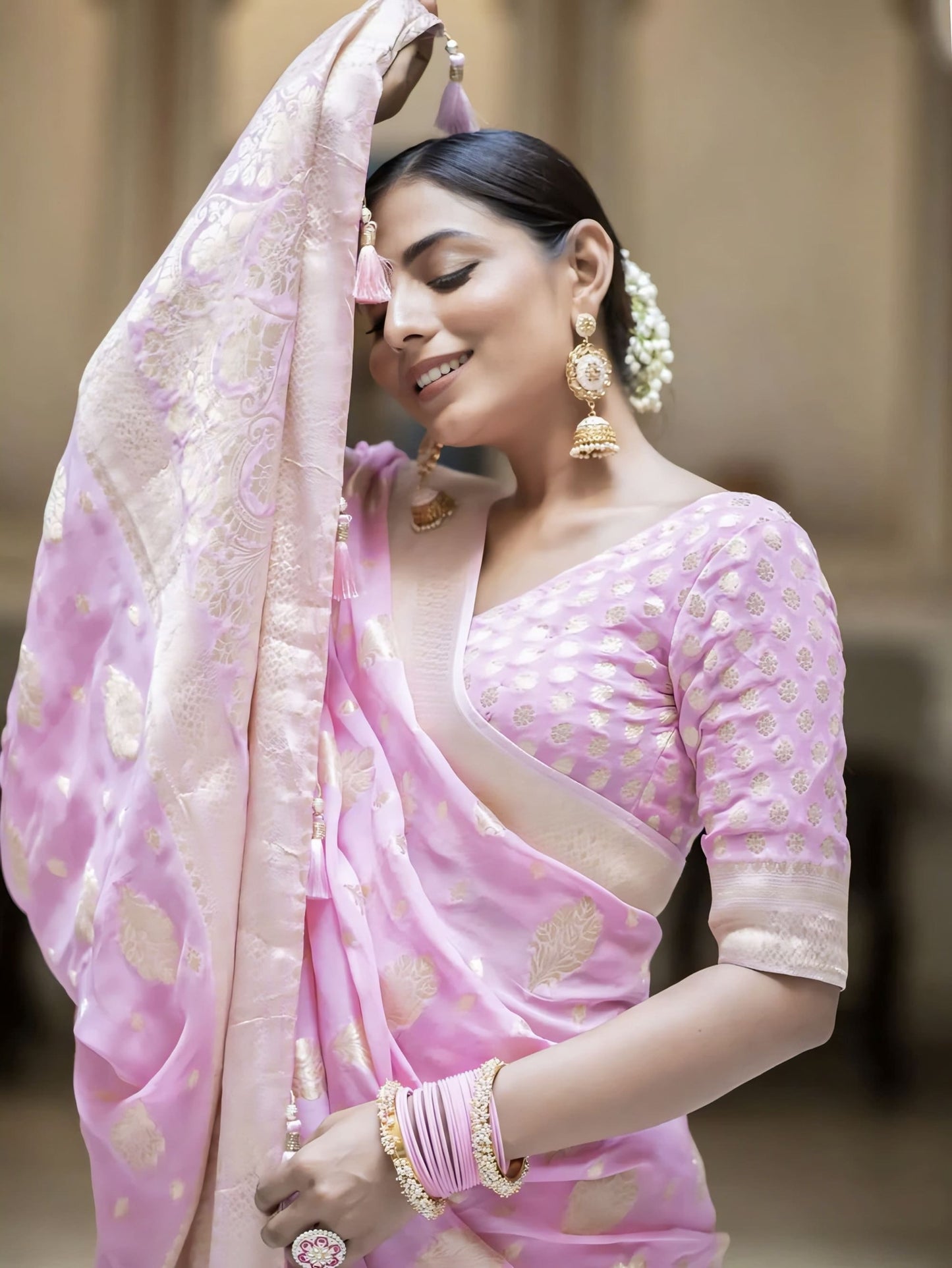 Pink Soft Banarasi Silk Saree with Jacquard Weave & Matching Blouse Piece