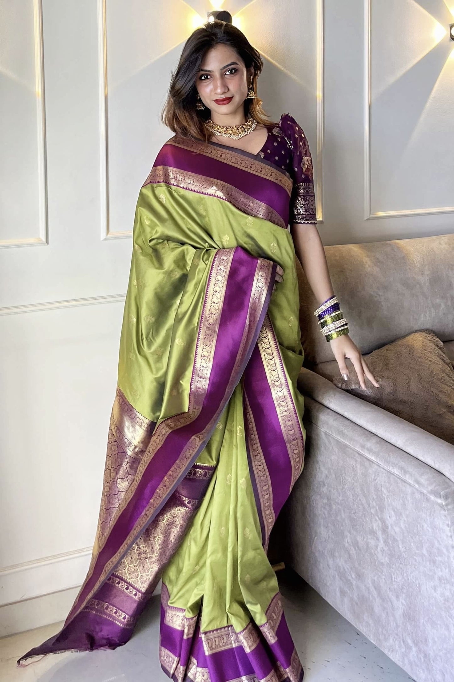 Mehndi Green Banarasi Kathpadar Silk Saree with Zari Weaving & Contrast Purple Blouse Piece