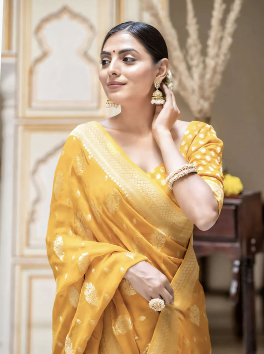Yellow Soft Banarasi Silk Saree with Jacquard Weave & Matching Blouse Piece