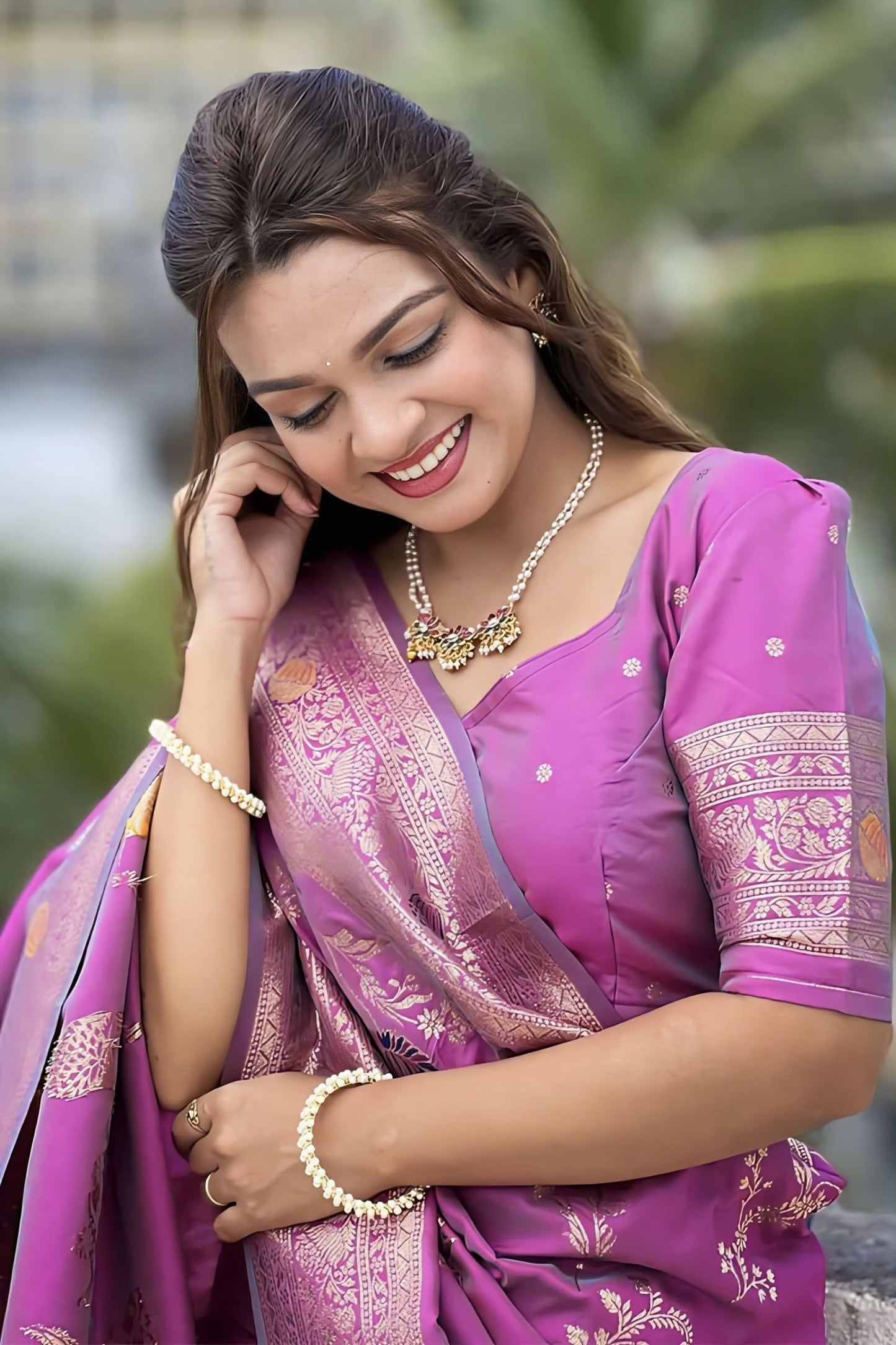 Purple Banarasi Silk Saree with Zari Weaving & Matching Blouse Piece