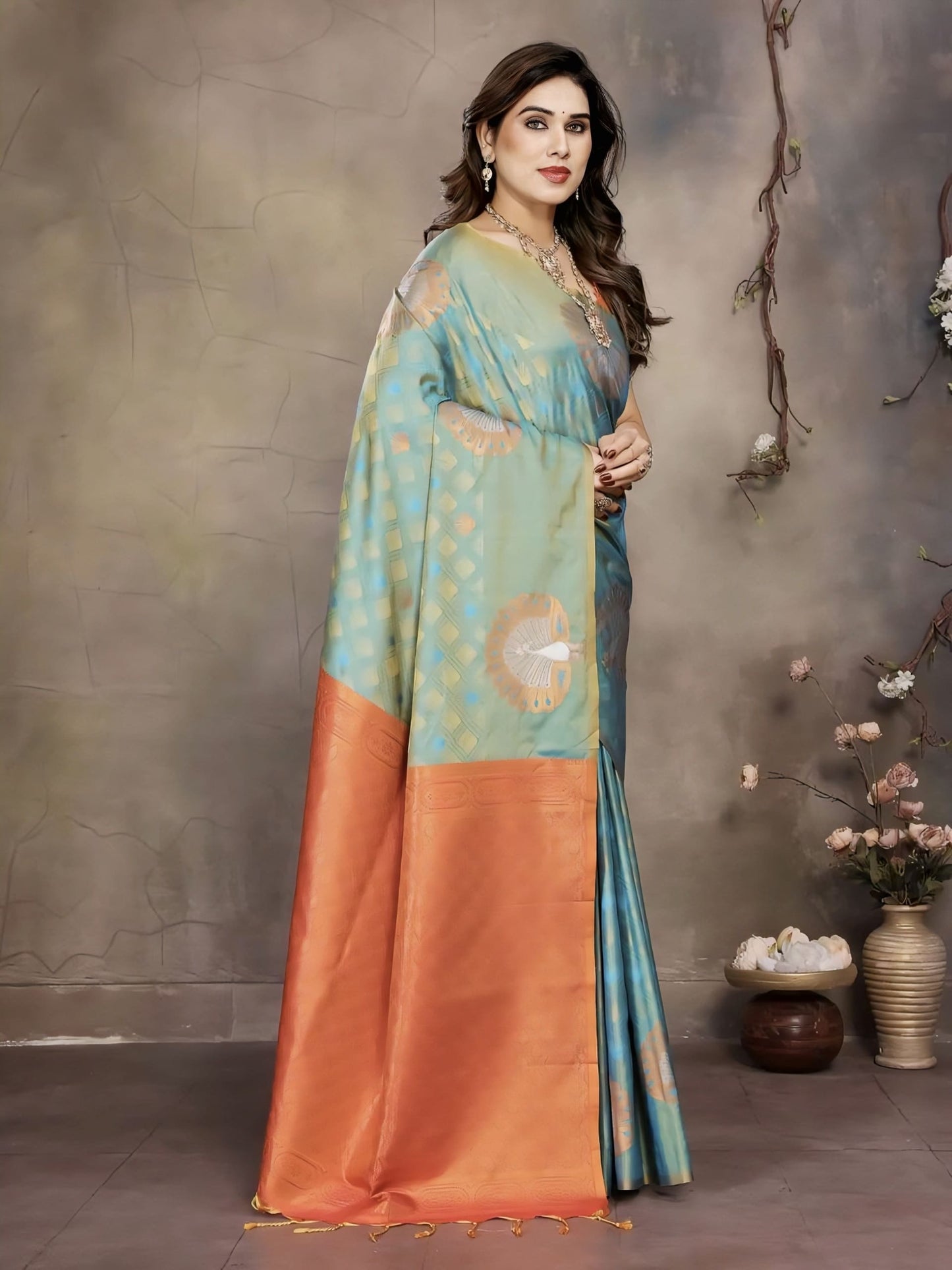 Rama Green Soft Banarasi Silk Saree with Zari Weaving & Contrast Orange Blouse Piece