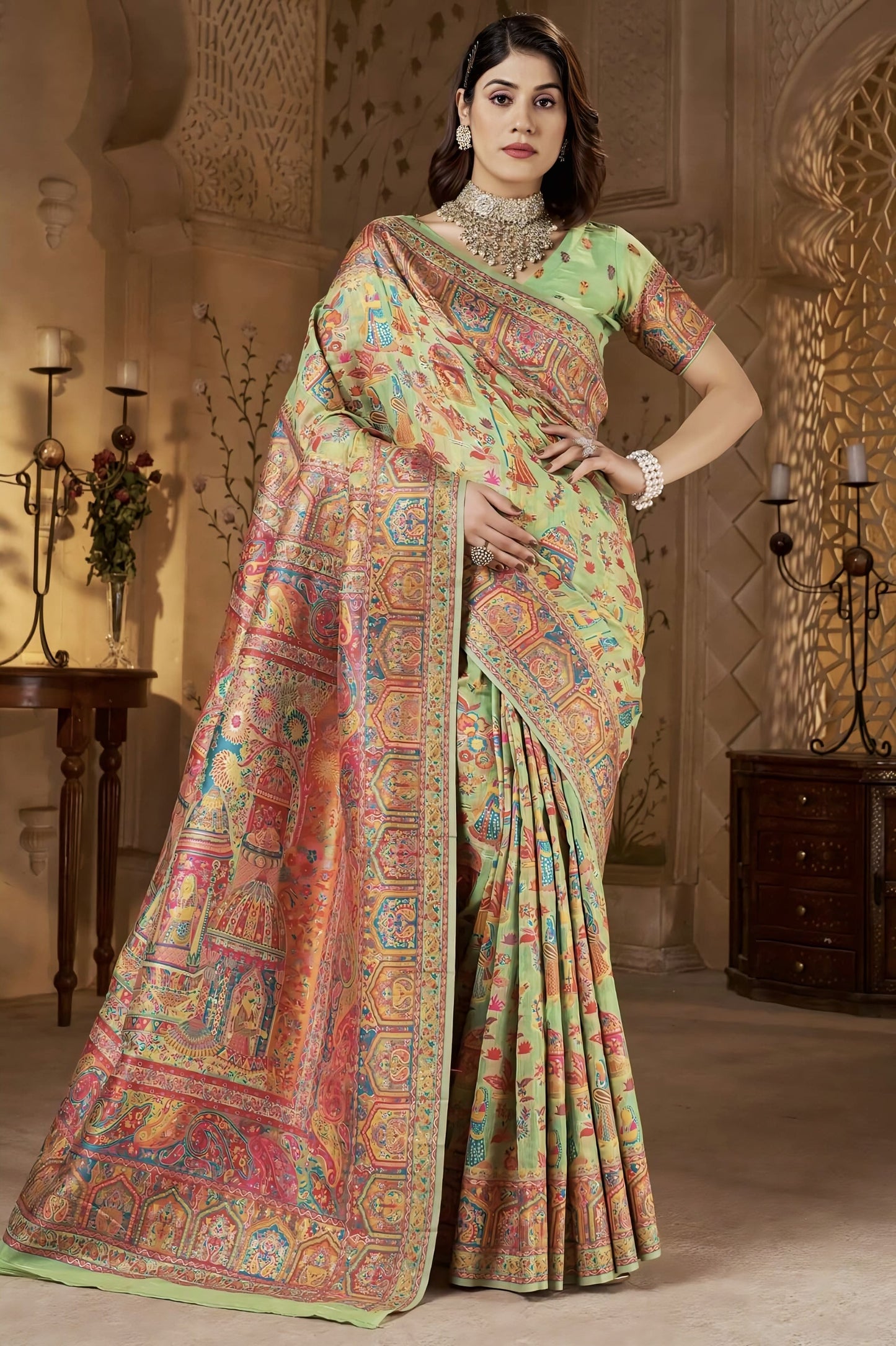 Pista Green Kashmiri Modal Silk Saree with Zari Weaving & Matching Blouse Piece