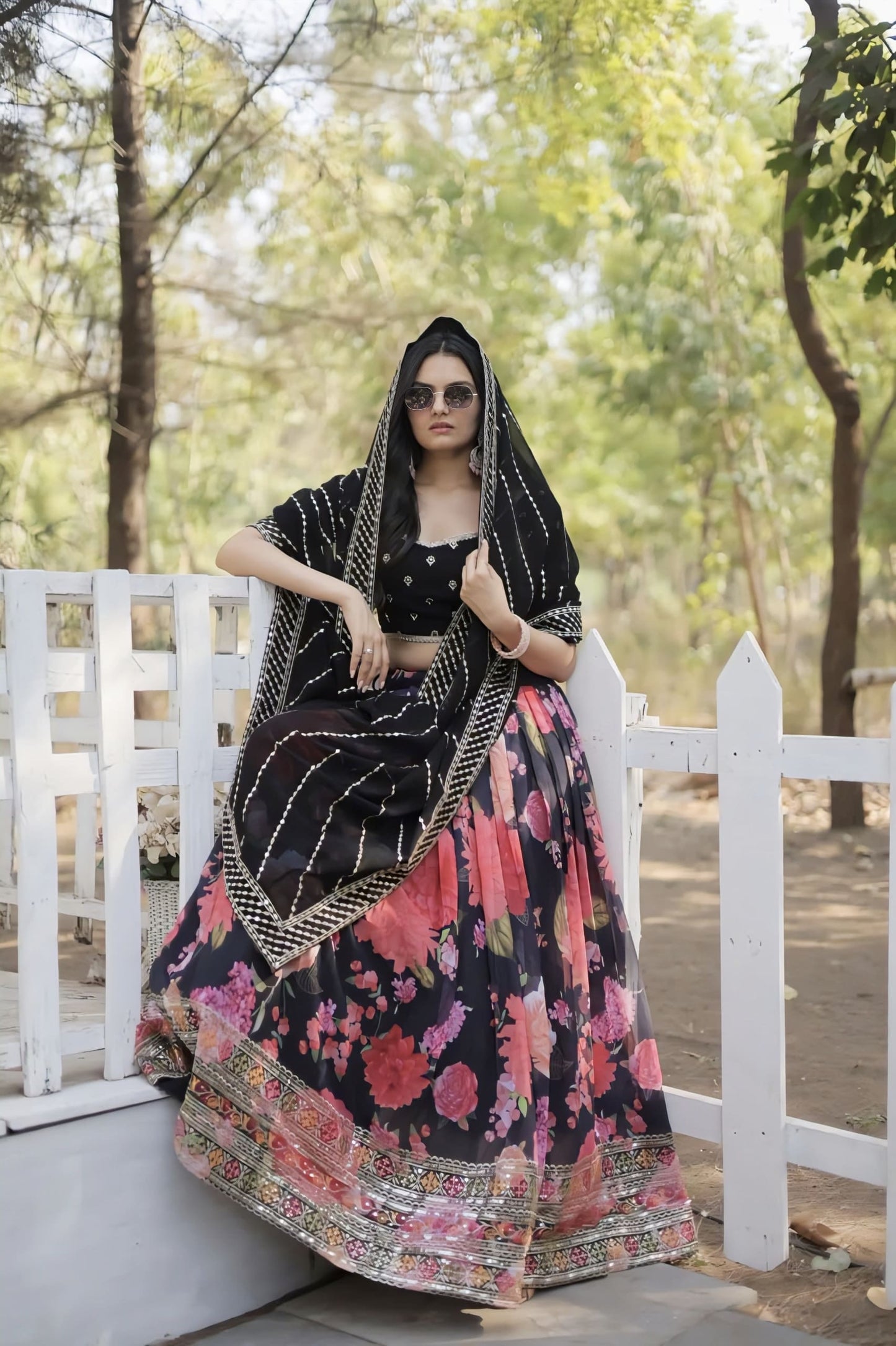 Black Blouse with Floral Pink Lehenga for Women – Designer Party Wear Lehenga Choli