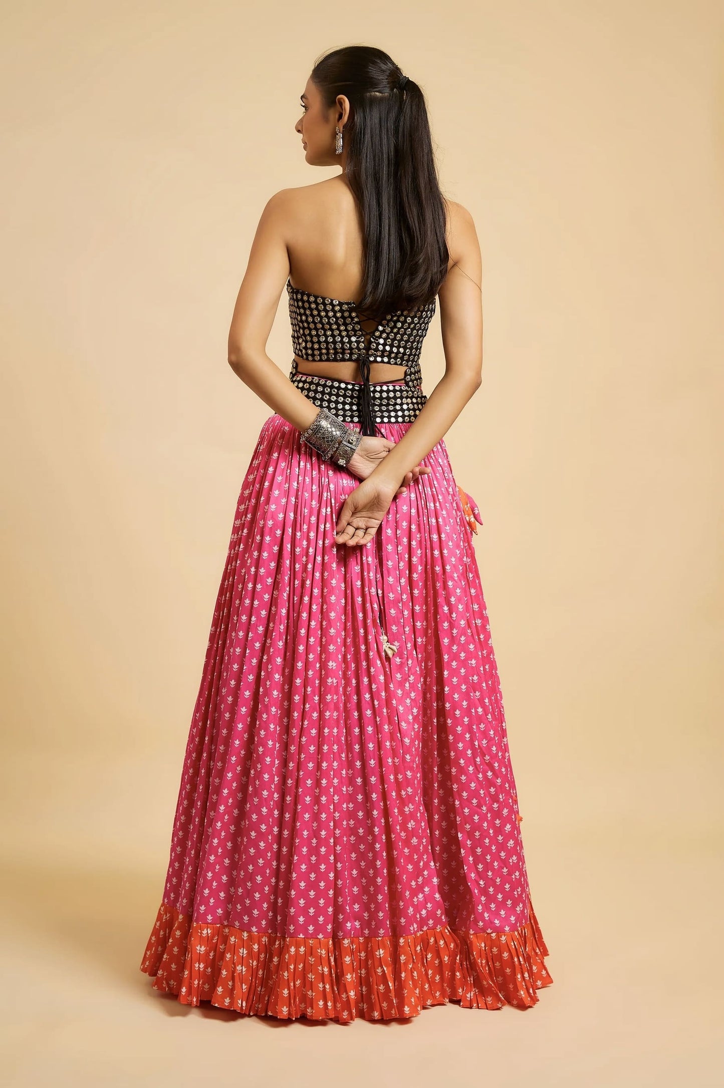 Black Mirror Work Blouse with Pink Lehenga for Women – Designer Festive Lehenga Choli Set