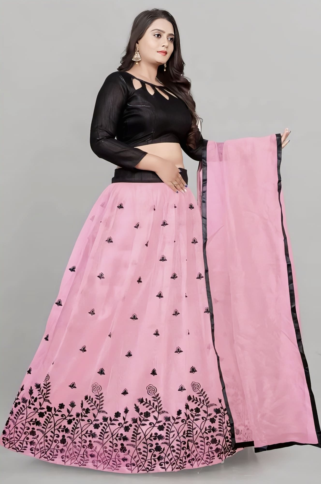 Black Designer Blouse with Pink Embroidered Lehenga for Women – Party Wear Lehenga Choli