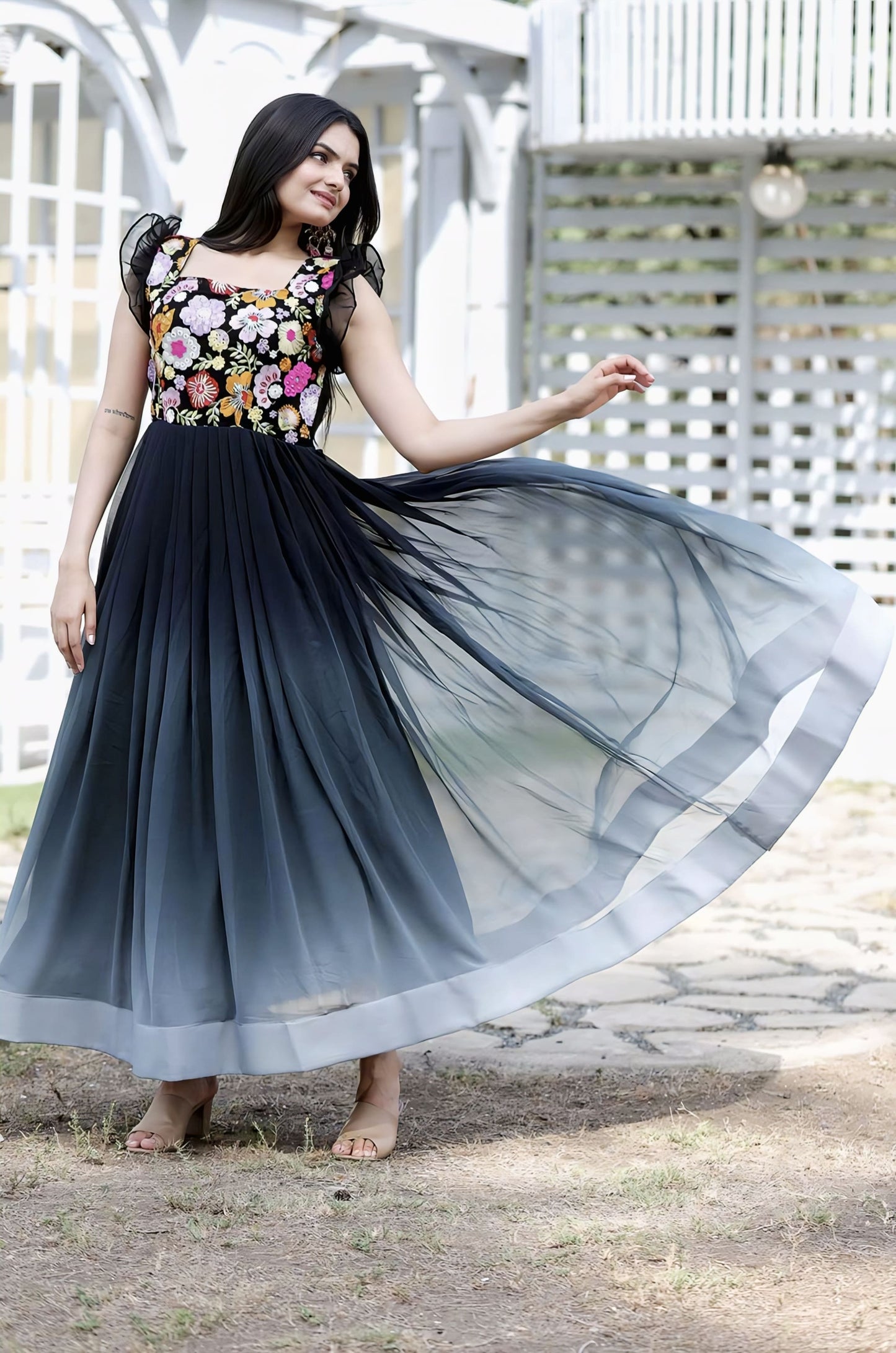 Black Ombre Georgette Gown with Floral Embroidered Bodice & Square Neck