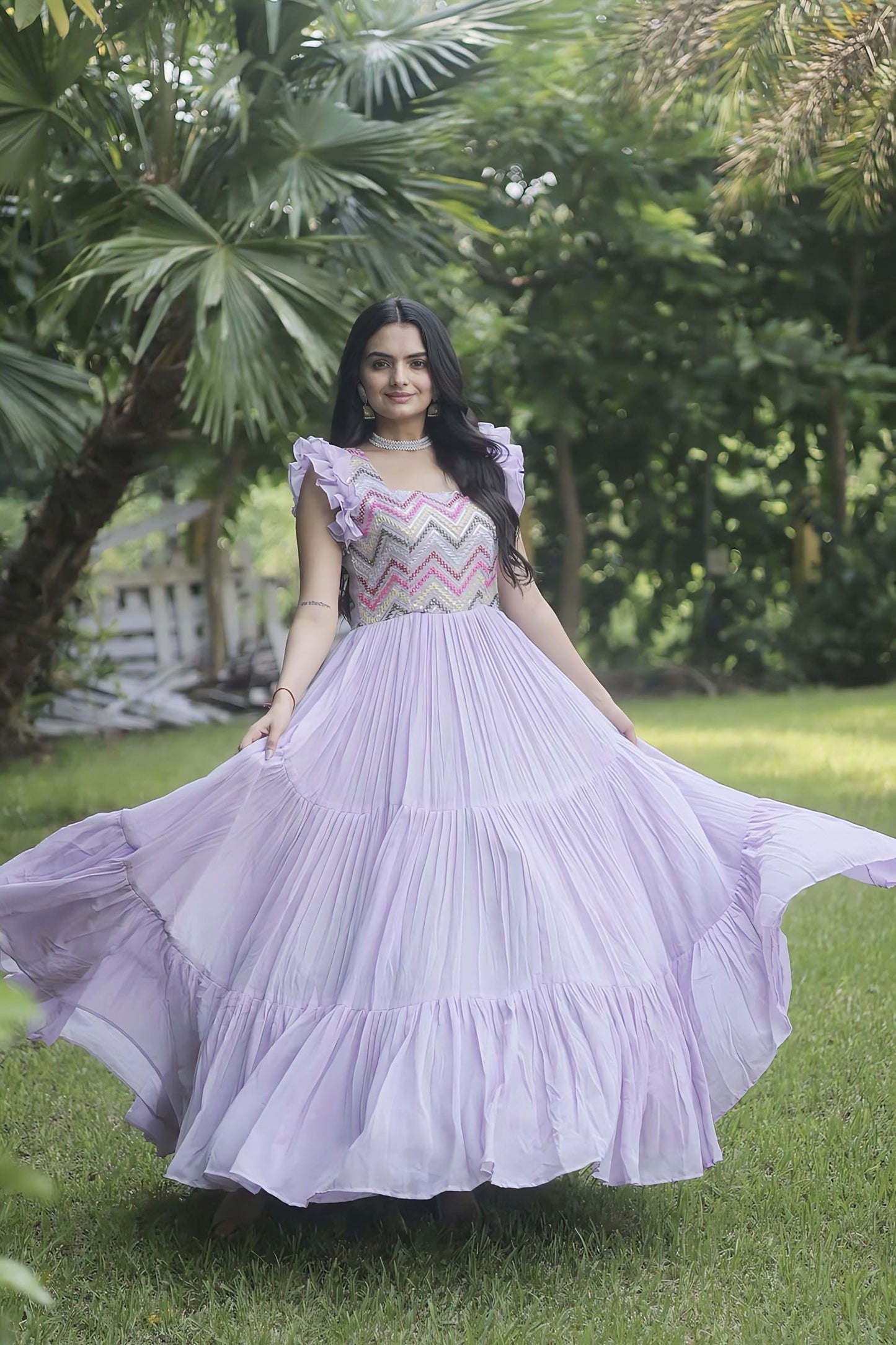 Purple Georgette Gown with Heavy Beaded Sequin Embroidery & Ruffled Hem