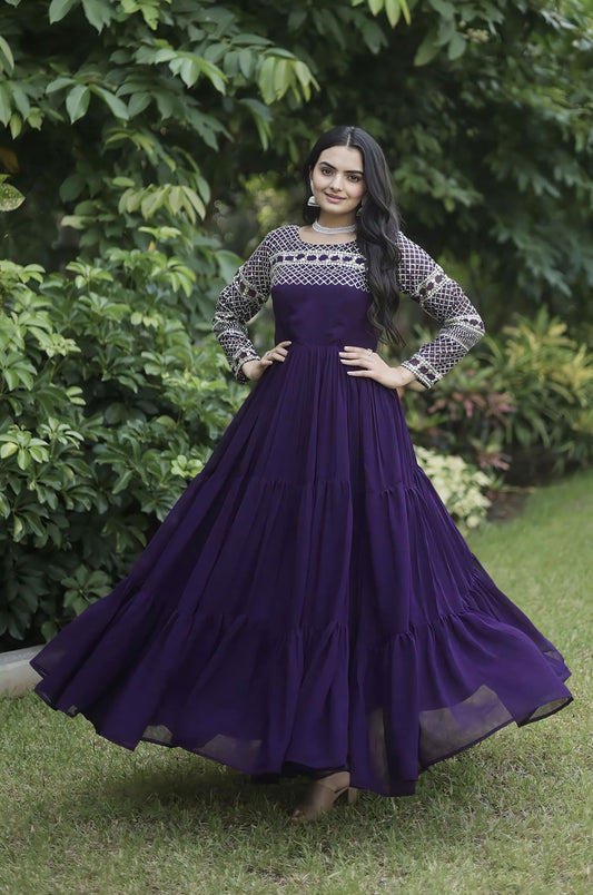 Wine Purple Tiered Gown with Zari & Sequin Embroidery and 12 Meter Flair