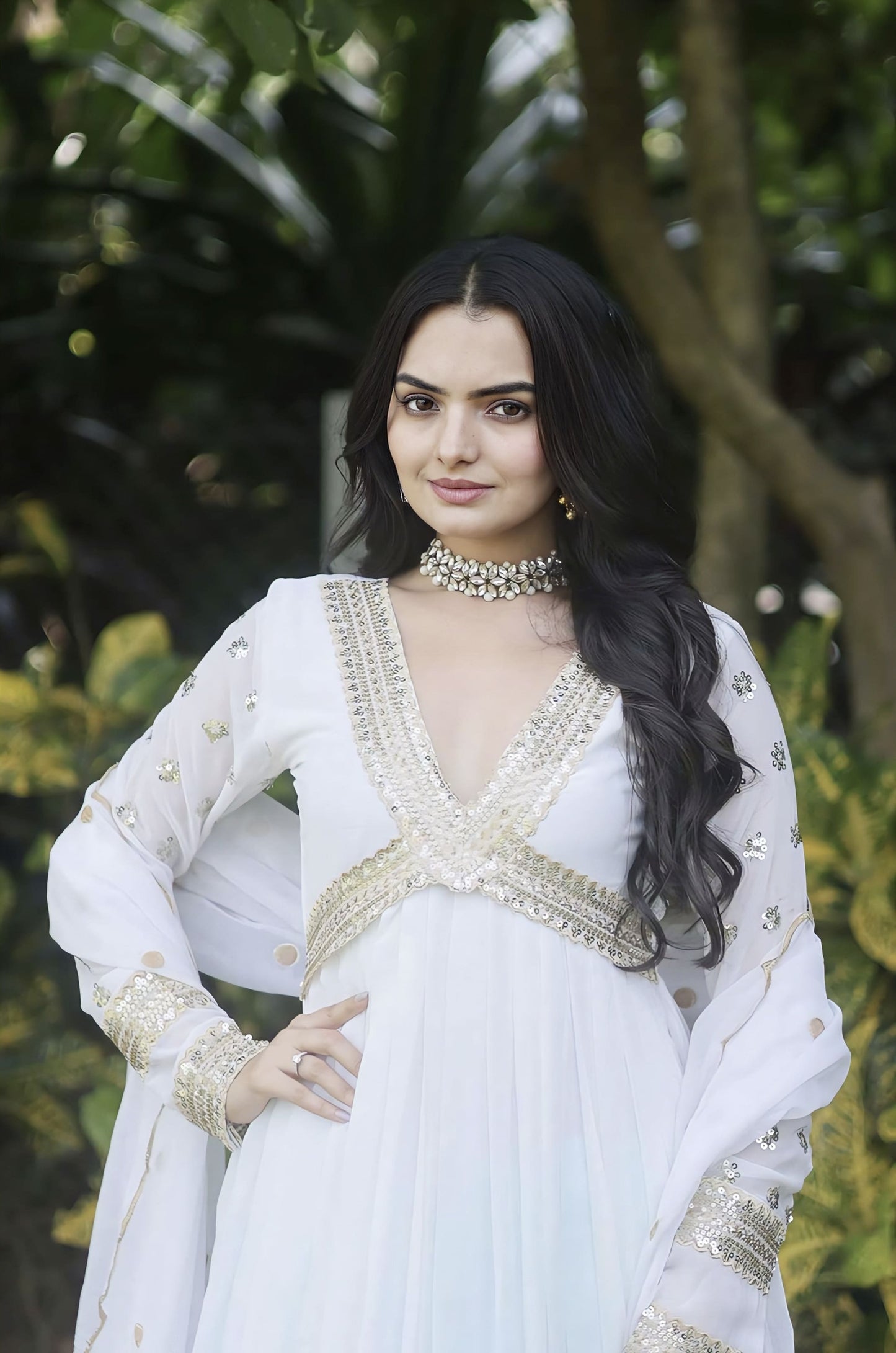 White Faux Blooming Gown with Zari Sequin Embroidery & Embroidered Dupatta