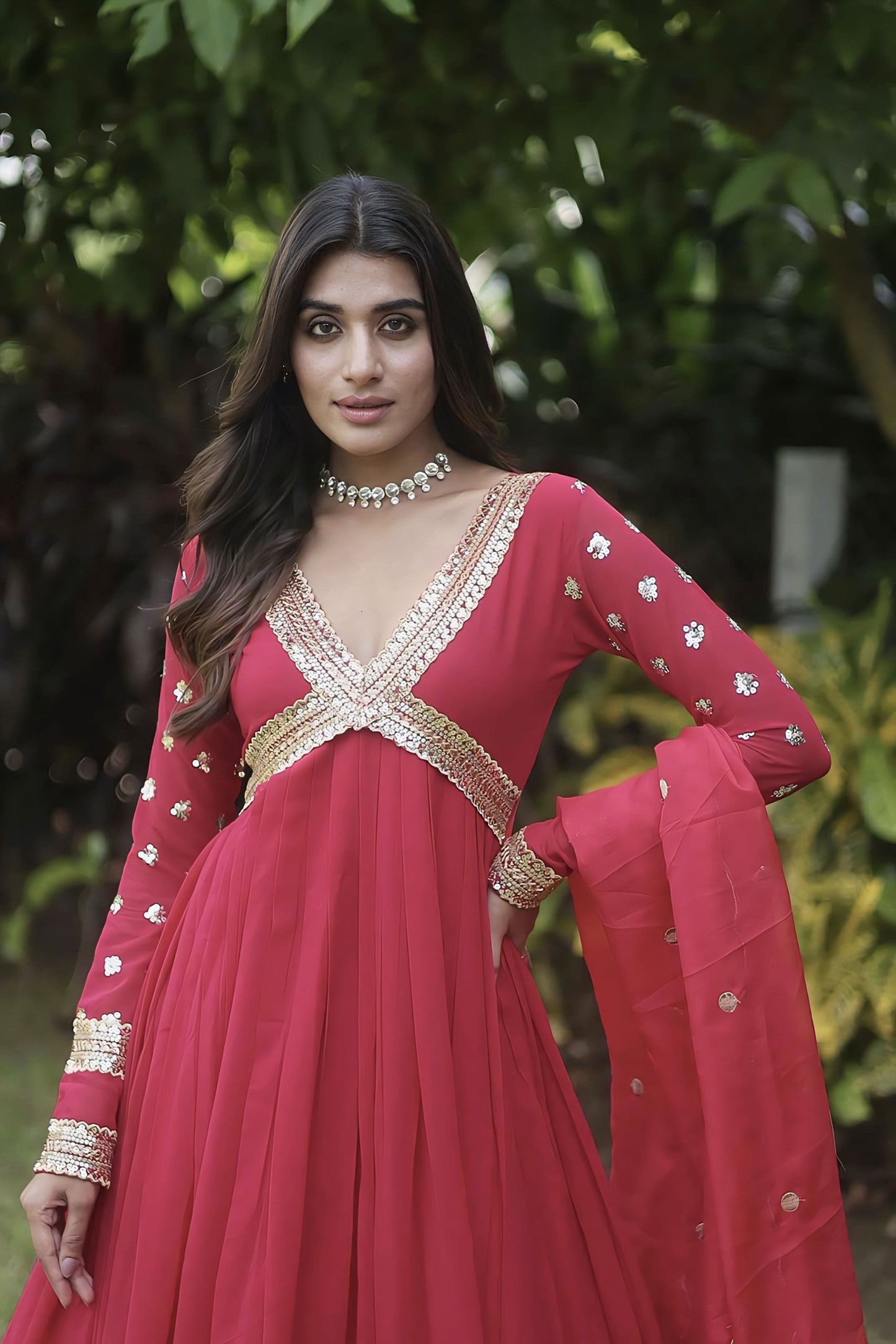 Rani Pink Faux Blooming Gown with Zari Sequin Embroidery & Embroidered Dupatta