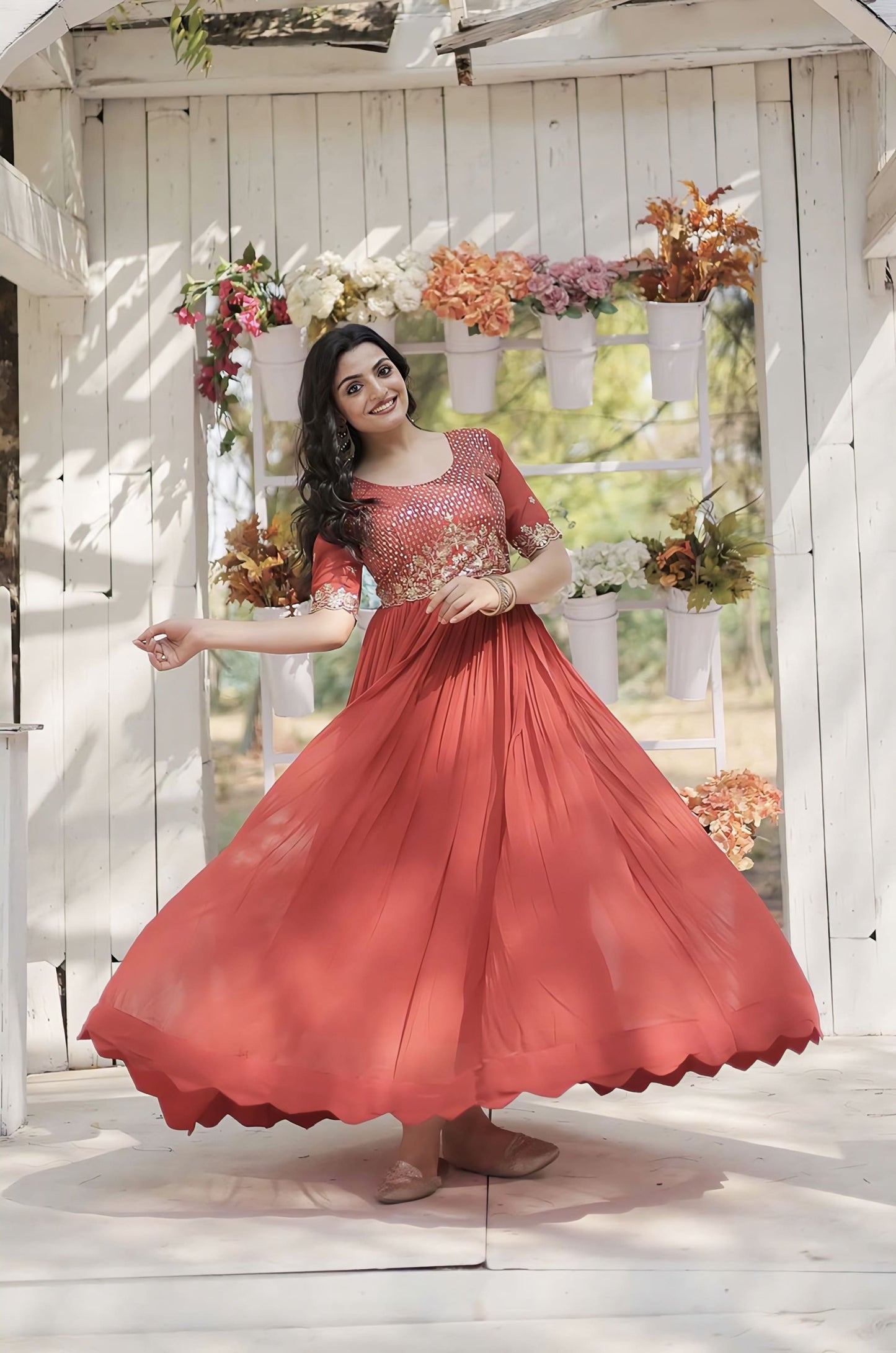 Orange Faux Blooming Gown with Zari Sequin Embroidery & Fancy Round Neck
