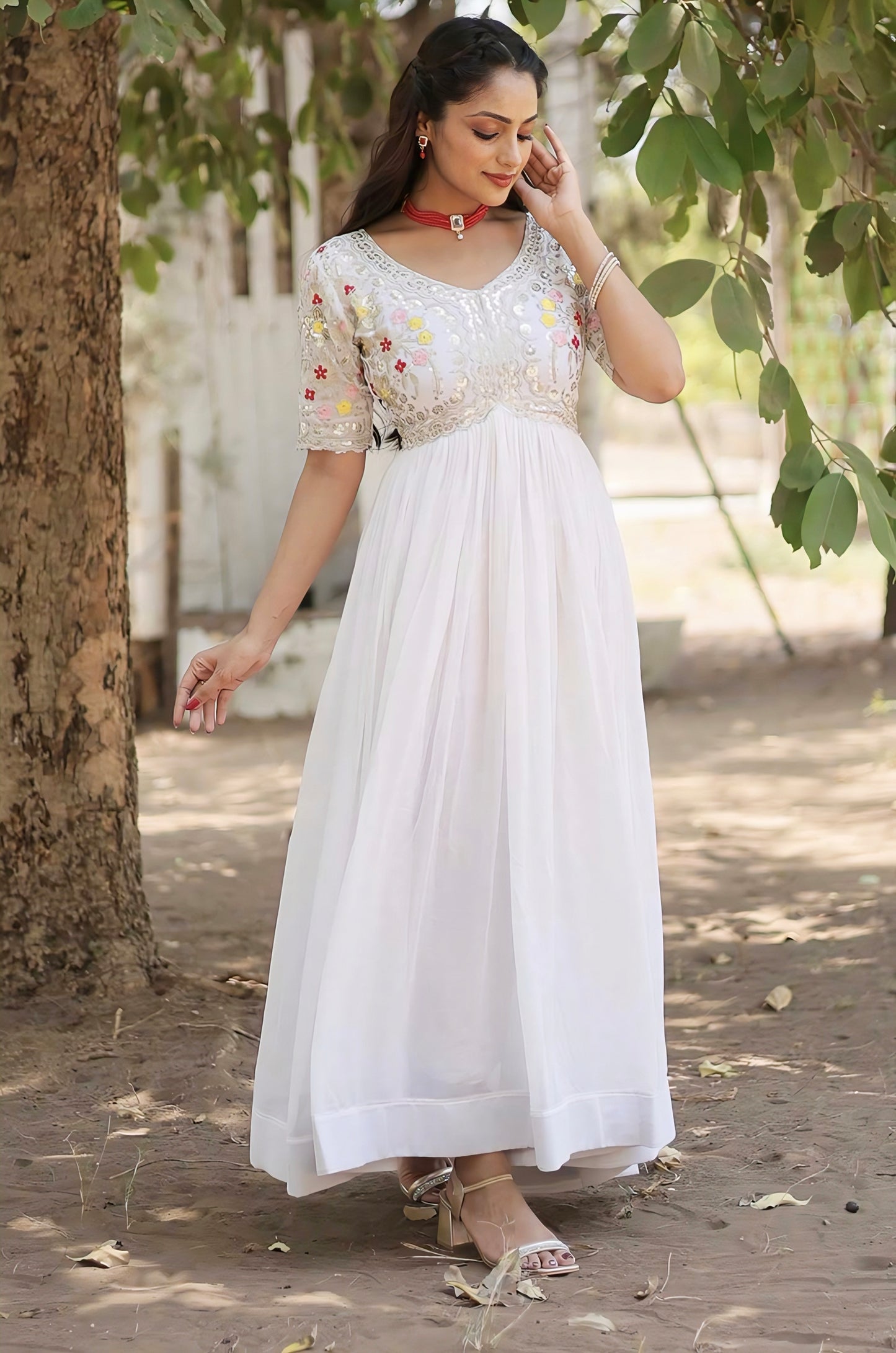 White Faux Blooming Gown with Zari Sequin Embroidery & Fancy V Neck