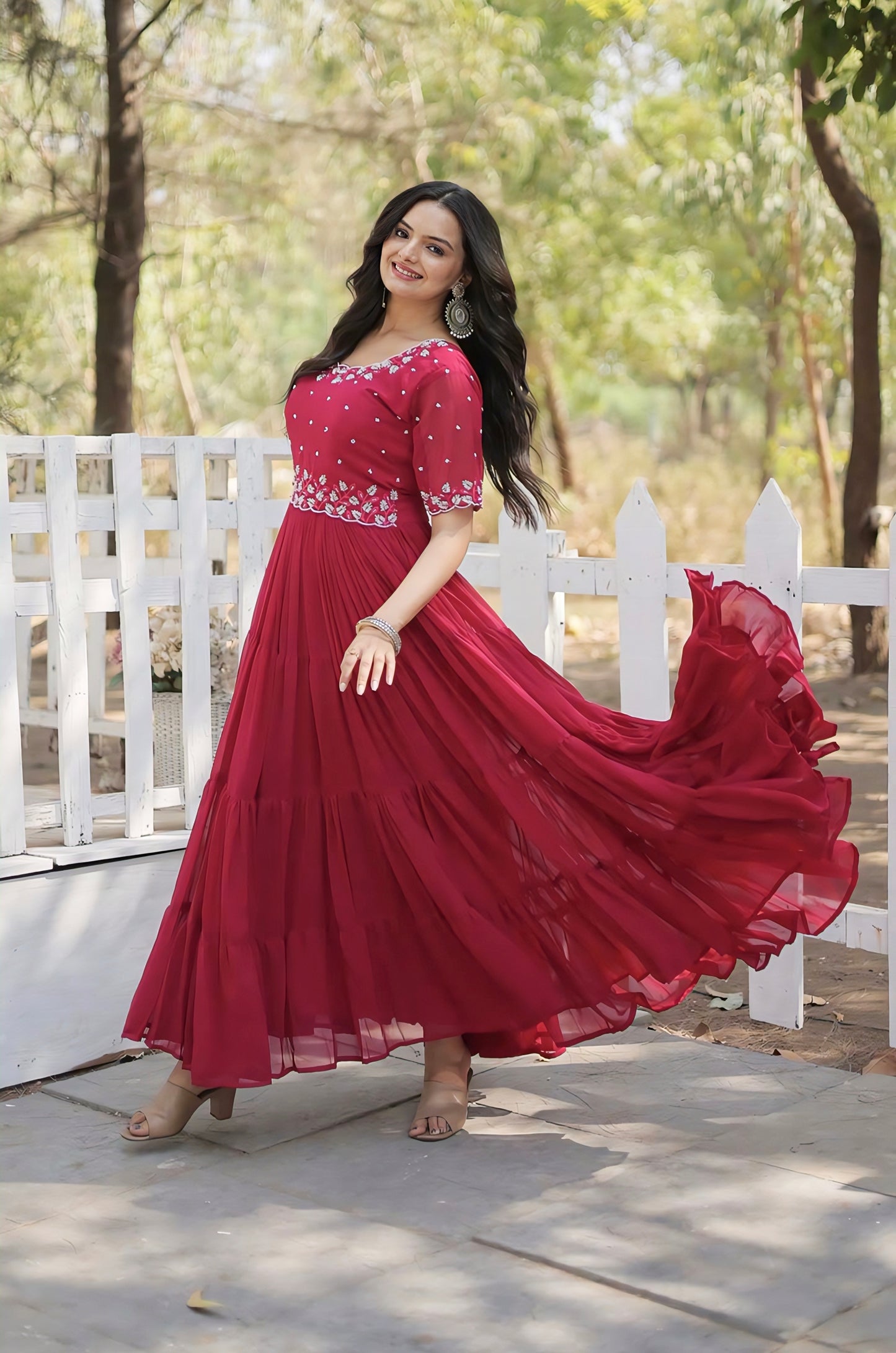 Hot Pink Georgette Gown with Beads Embroidered Bodice & Tiered Ruffle Hem