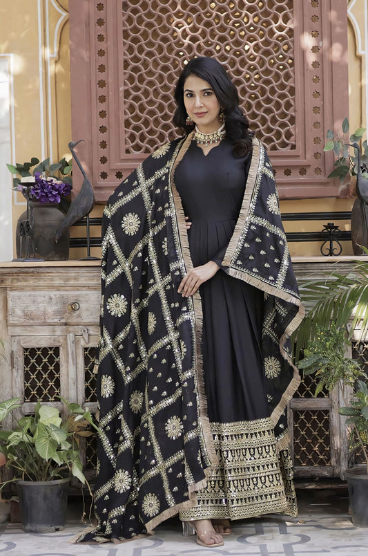 Black Georgette Gown with Gold Zari Mirror Work & Sequin Embroidery