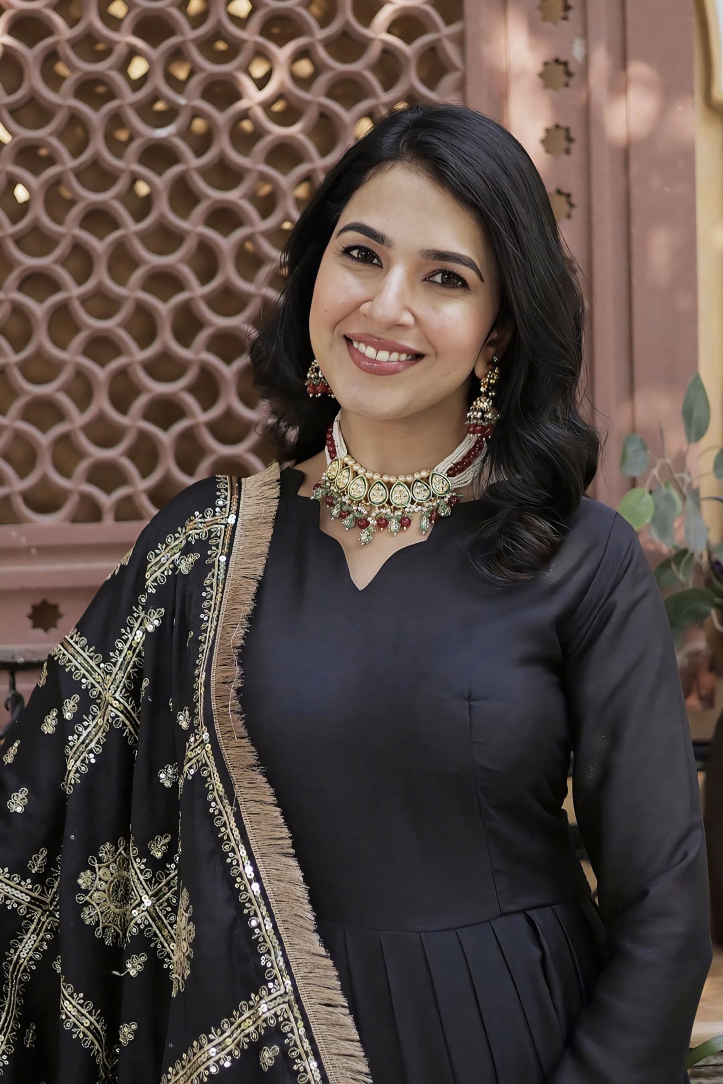 Black Georgette Gown with Gold Zari Mirror Work & Sequin Embroidery