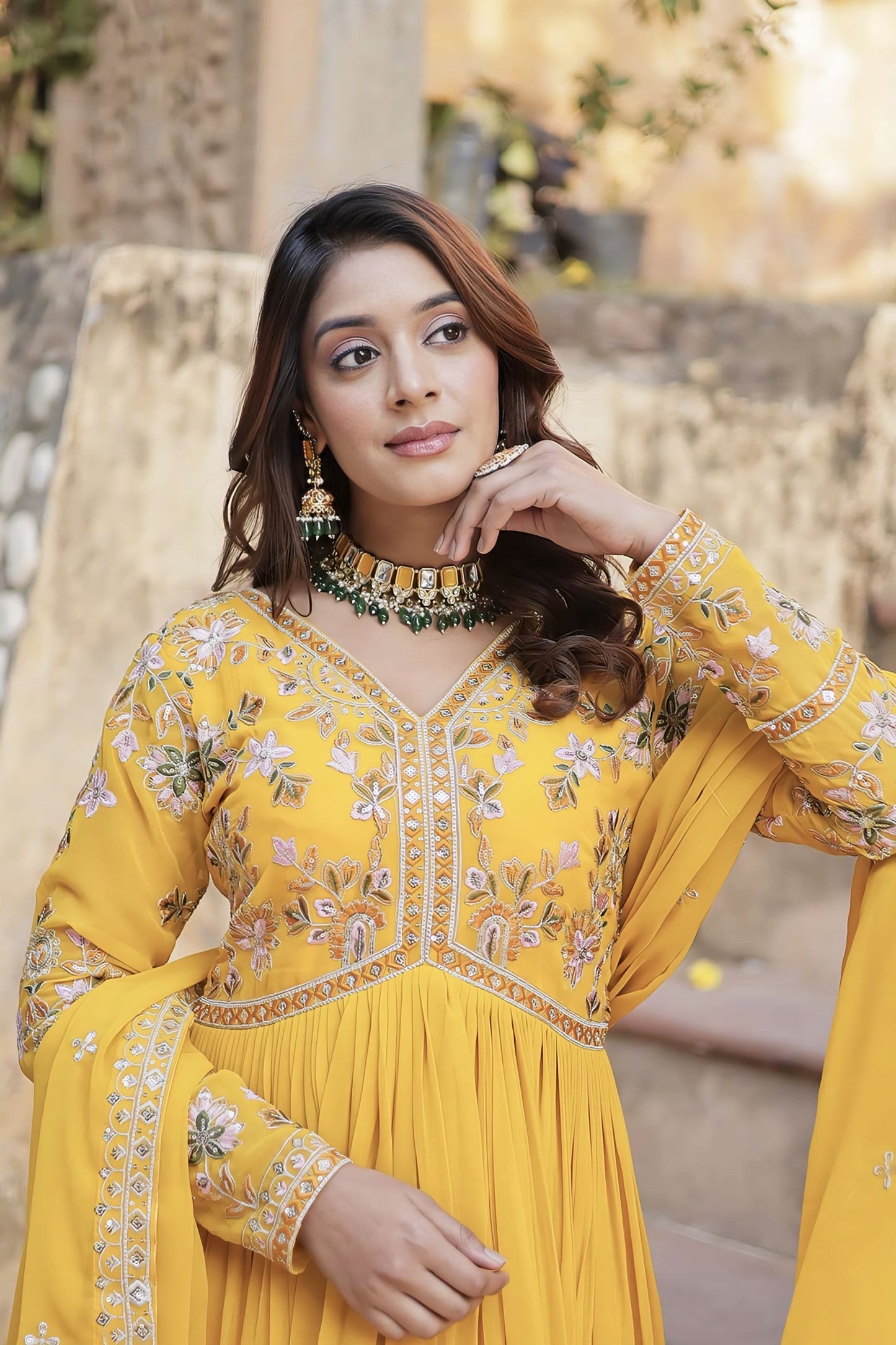 Yellow Faux Blooming Gown with Zari Sequin Embroidery & Designer Dupatta
