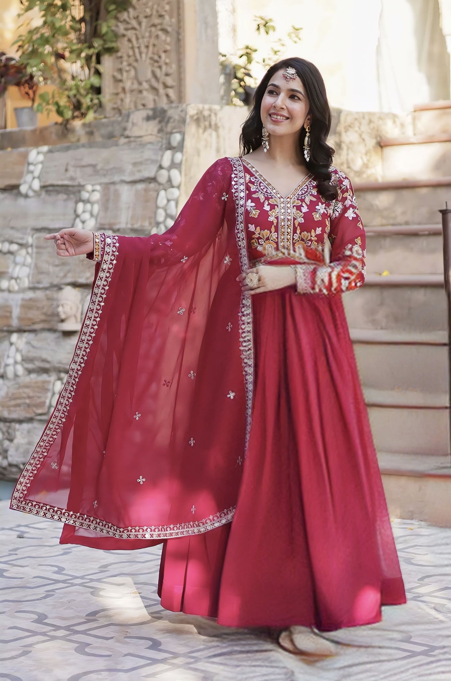 Pink Faux Blooming Gown Set with Zari Sequin Embroidery & Designer Dupatta
