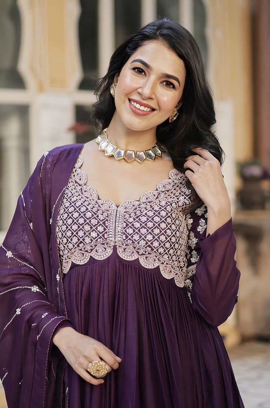 Wine Star Georgette Gown with Beads Sequins Embroidery & Fancy Neck